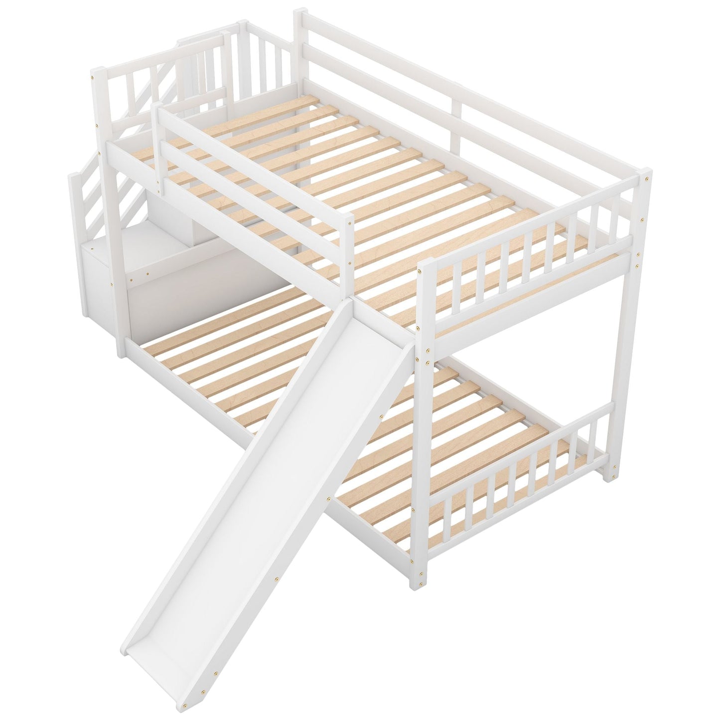 Convertible Twin Over Twin Wood Bunk Bed with Slide and Stairway, White | Just Better Bunk Beds