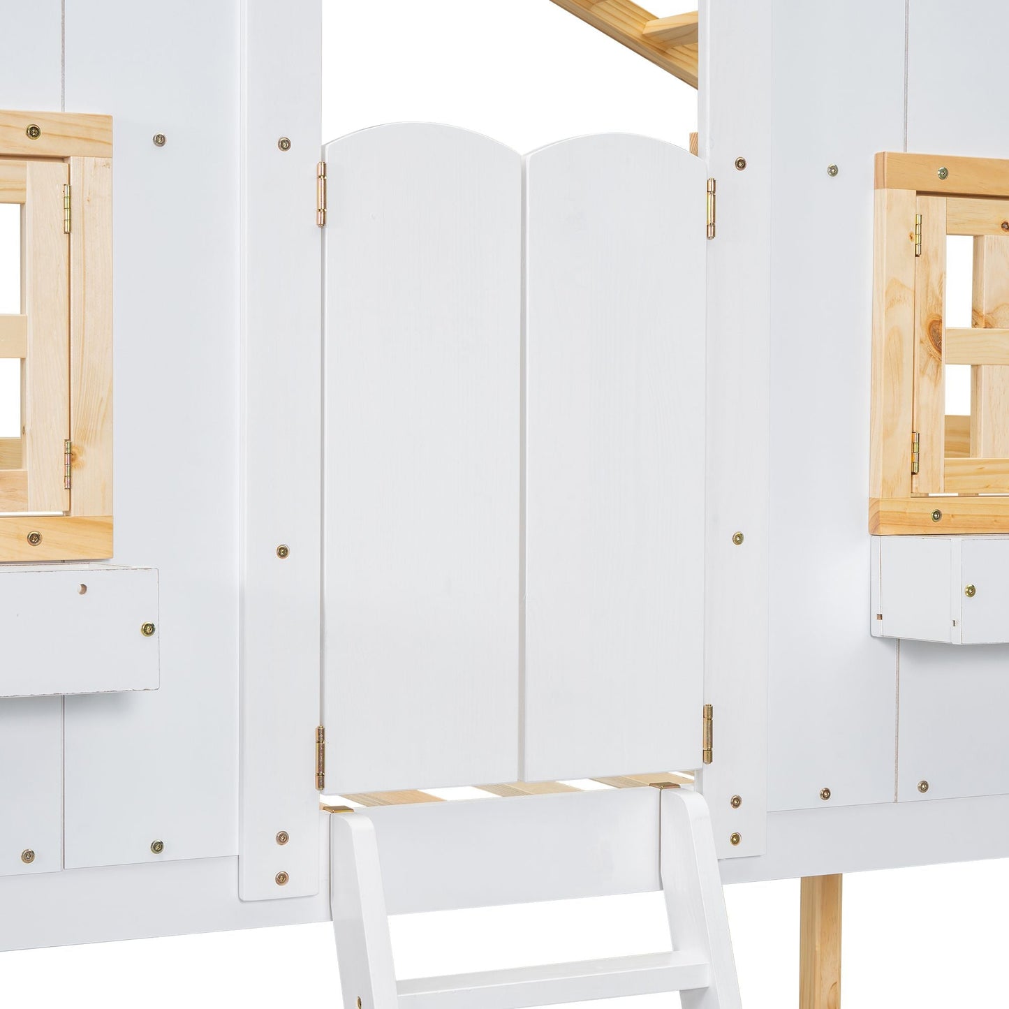 House-Style Twin Over Twin Wood Bunk Bed with Roof, Window, Door, and Ladder, Multiple Colors | Just Better Bunk Beds