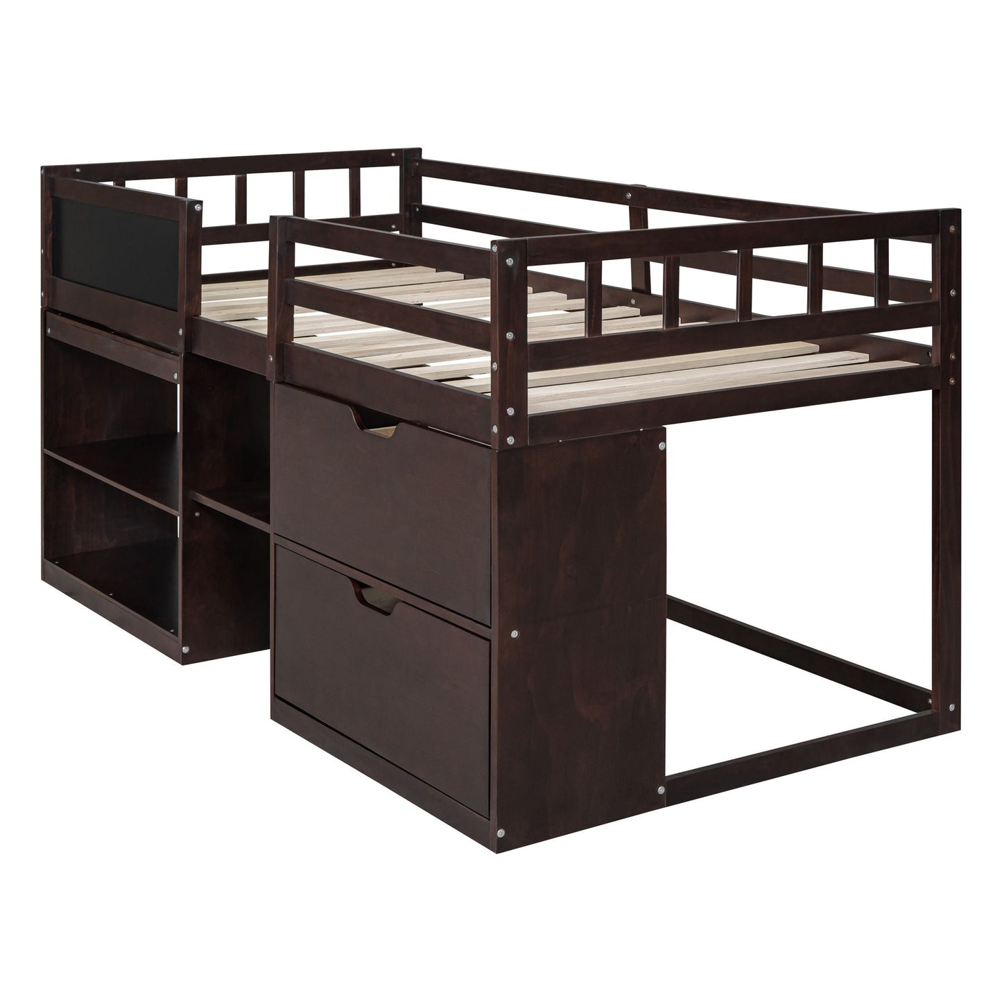 Space-Saving Twin Low Loft Wood Bed with Rolling Desk, Shelf, Drawers, White | Just Better Bunk Beds