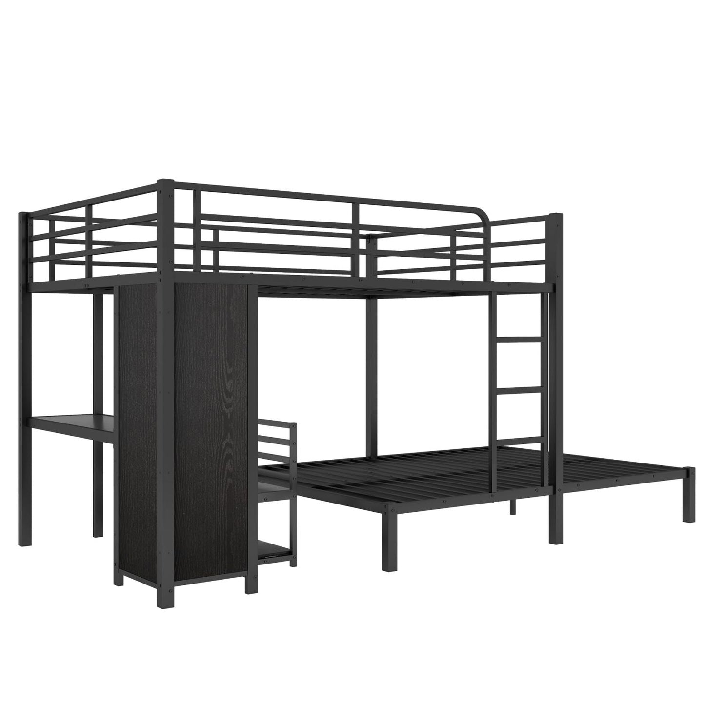Shared Room Solution Queen Over Queen Metal Bunk Bed with Built-in Wardrobe, Desk, and Storage Chairs, Black | Just Better Bunk Beds