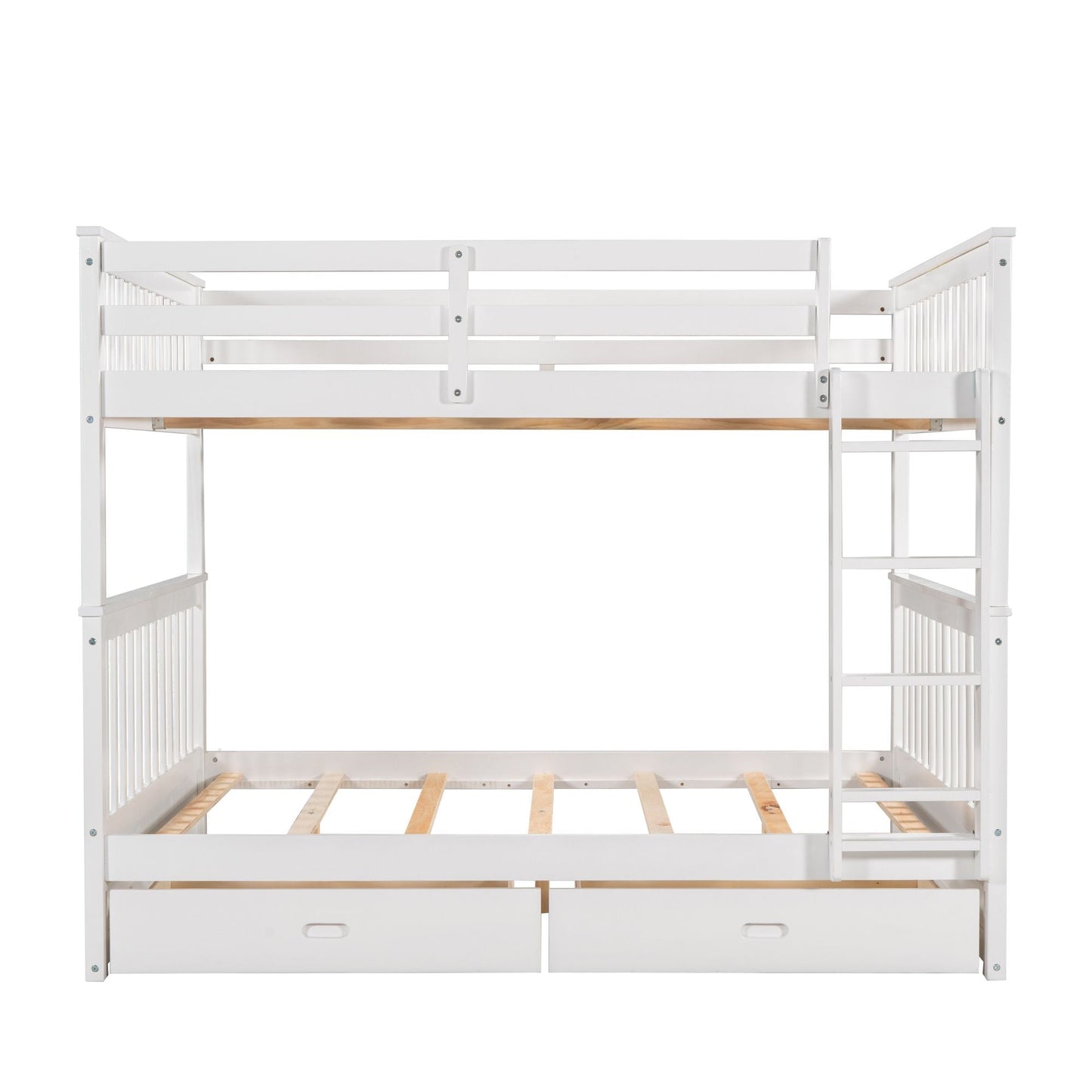 Storage-Enhanced Full Over Full Wood Bunk Bed with Ladders, Two Drawers, White | Just Better Bunk Beds