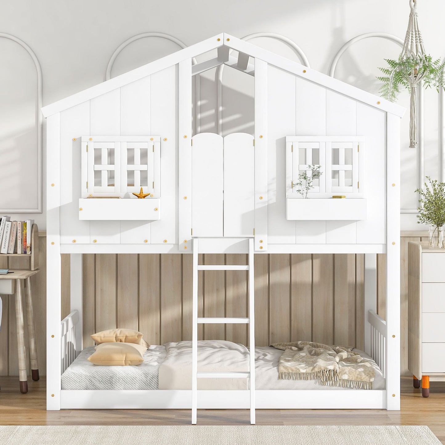 House-Style Twin Over Twin Wood Bunk Bed with Roof, Window, Door, and Ladder, Multiple Colors | Just Better Bunk Beds