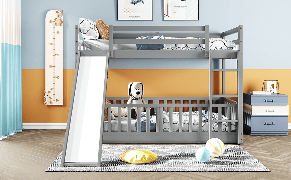 Kids Bedroom Twin Over Twin Wood Bunk Bed with Slide and Ladder, White | Just Better Bunk Beds