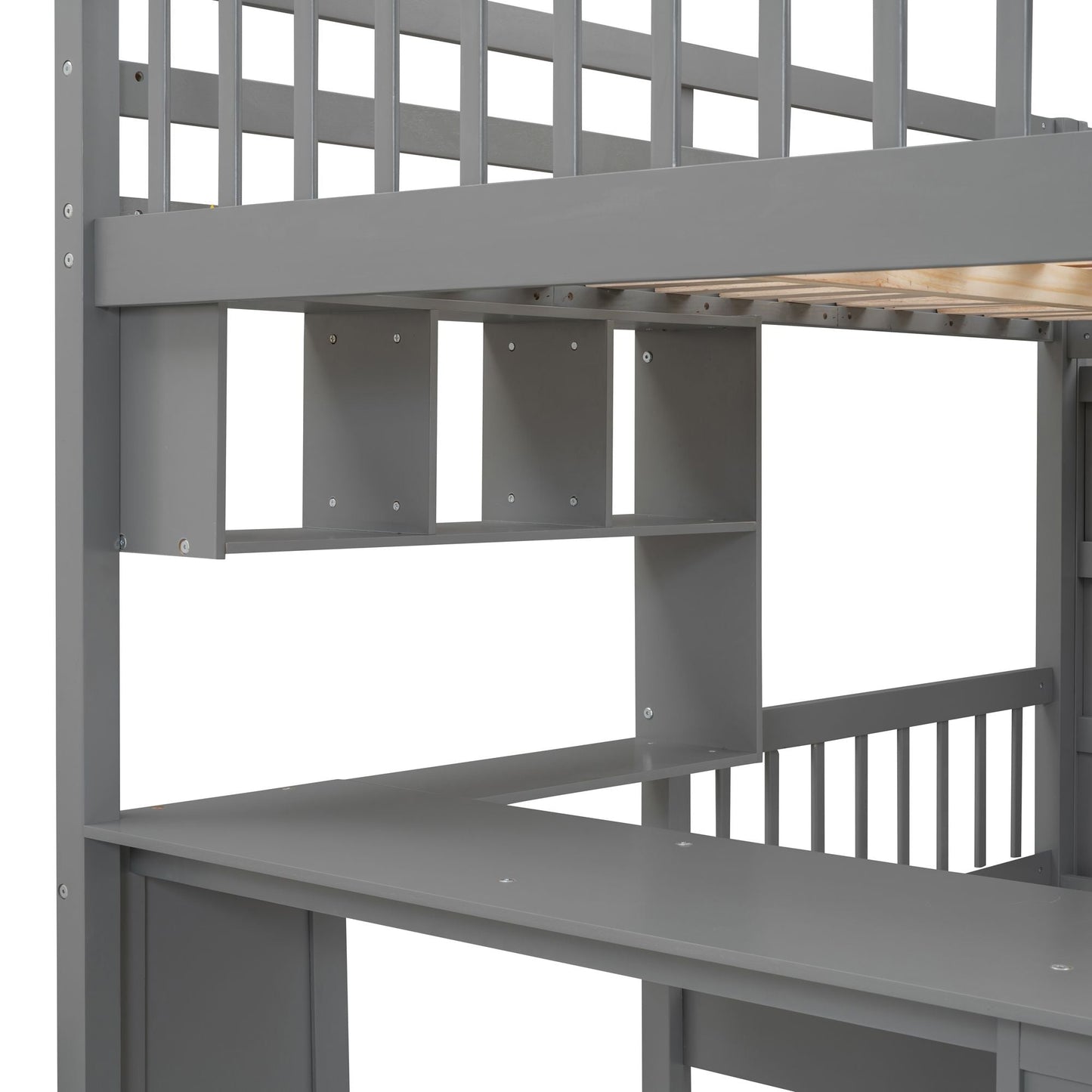 Shared Room Solution Full Over Twin Wood Bunk Bed with Desk, Drawers and Shelves, Gray | Just Better Bunk Beds