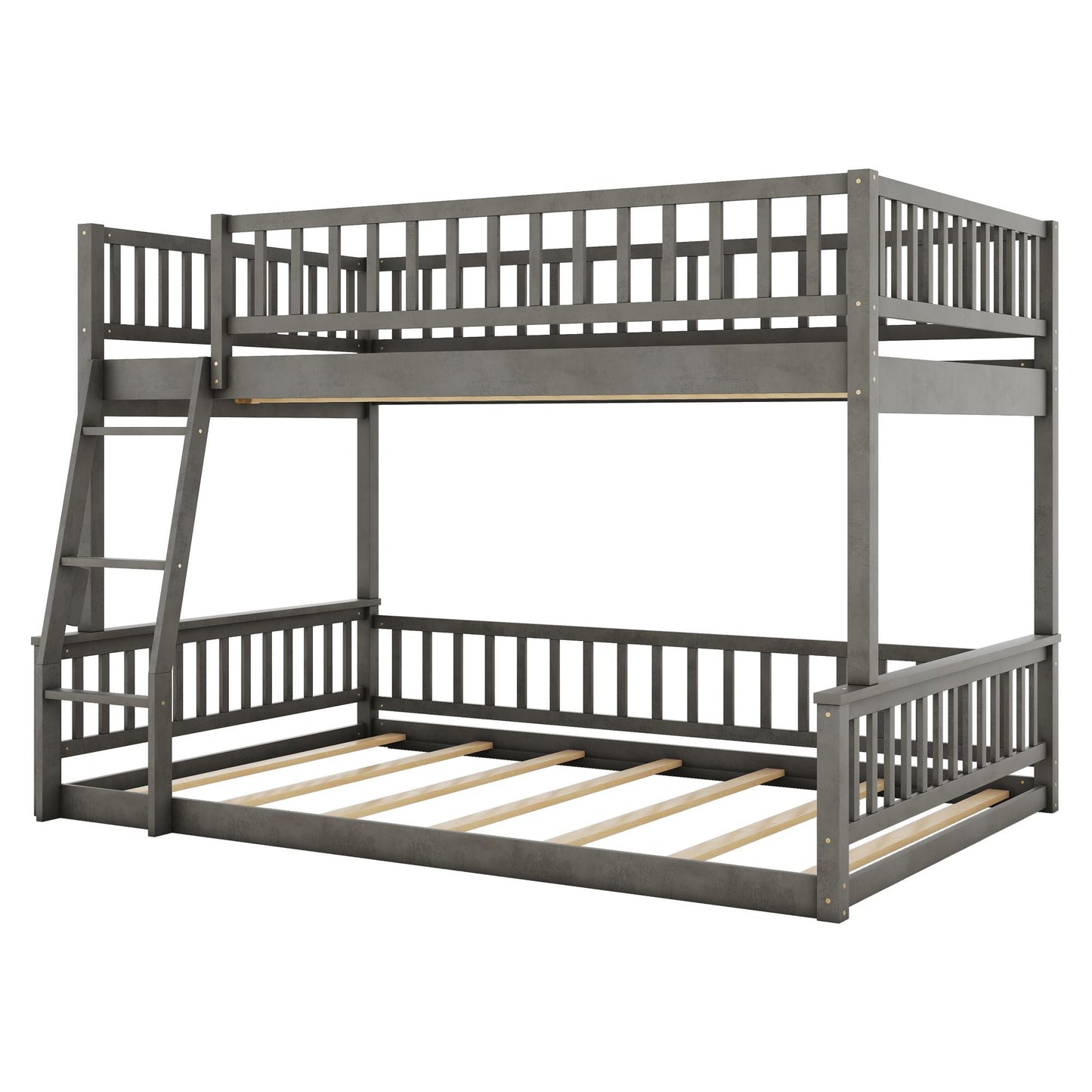 Space-Saving Full XL Over Queen Wood Bunk Bed with Ladder and Guardrails, Gray | Just Better Bunk Beds