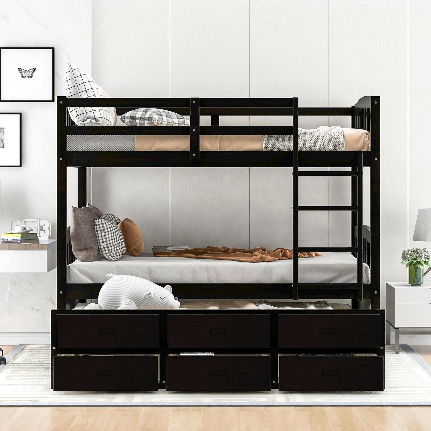 Space-Saving Twin Over Twin Wood Bunk Bed with Trundle and Drawers, White | Just Better Bunk Beds