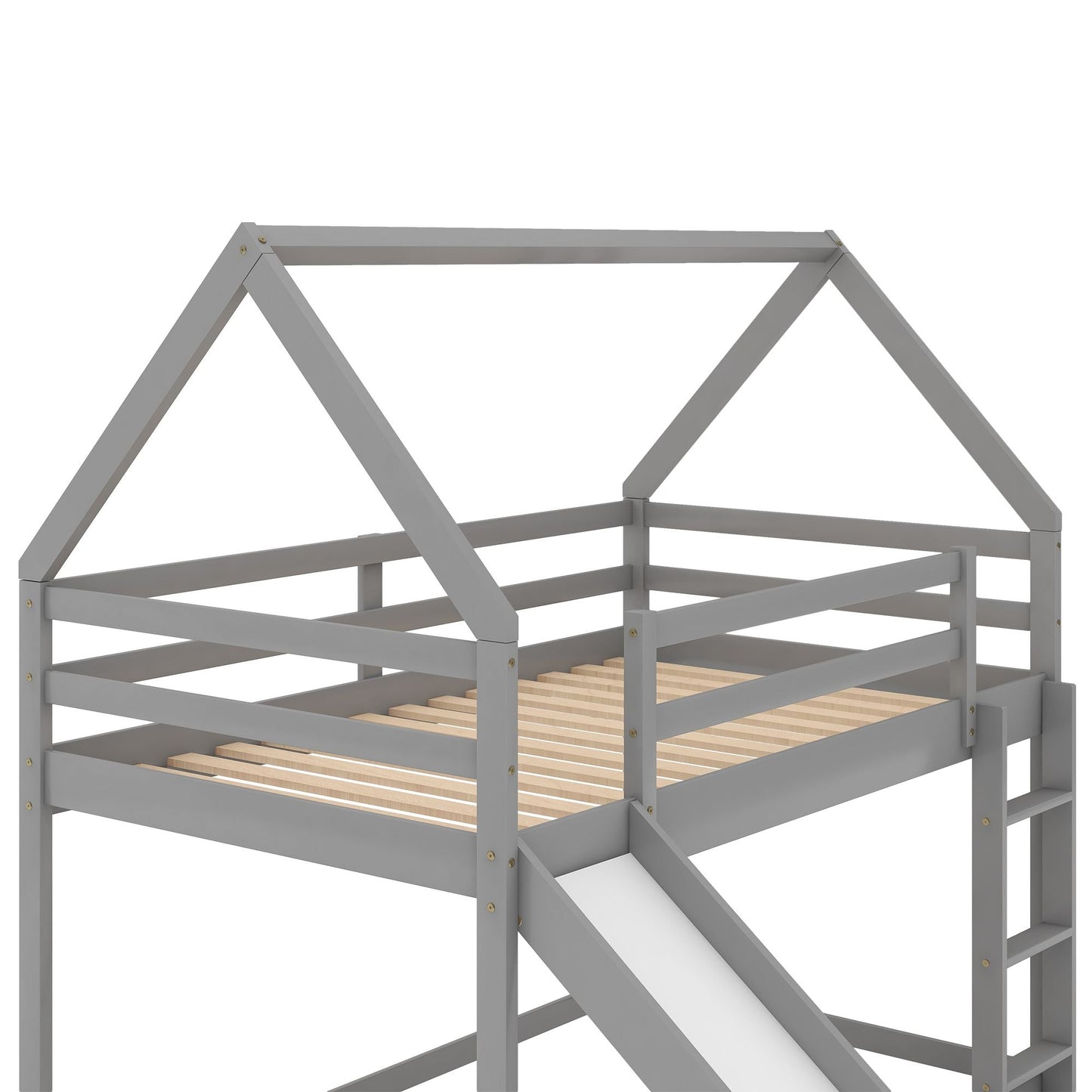 Twin Size Bunk House Bed with Slide and Ladder, Gray