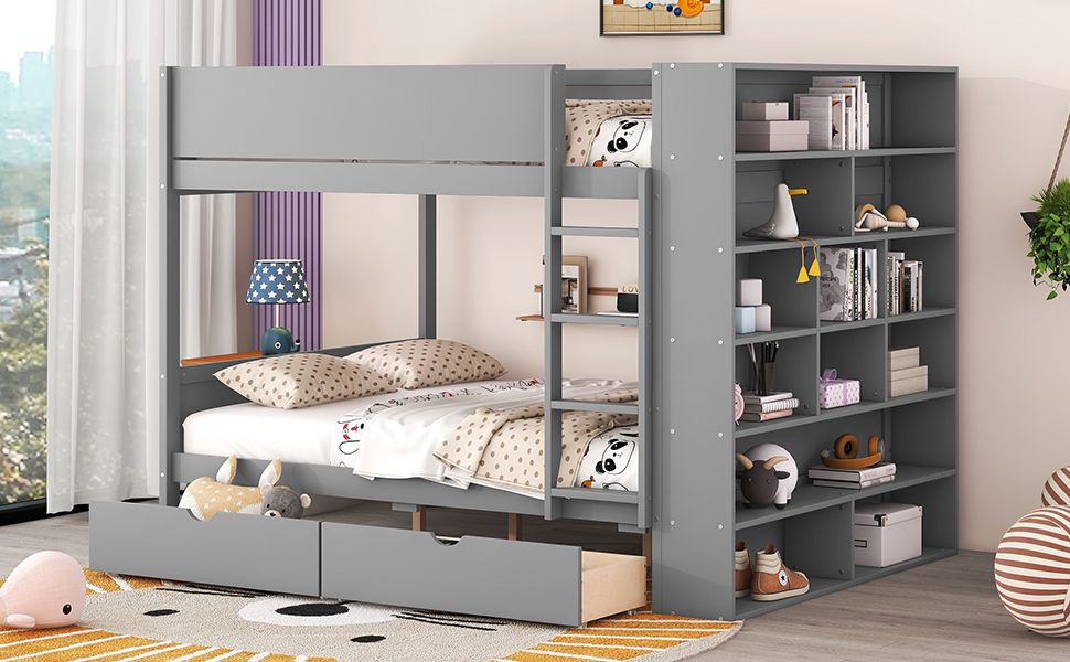 Storage Full Over Full Wood Bunk Bed with 2 Drawers and Multi-Layer Cabinet, Gray | Just Better Bunk Beds