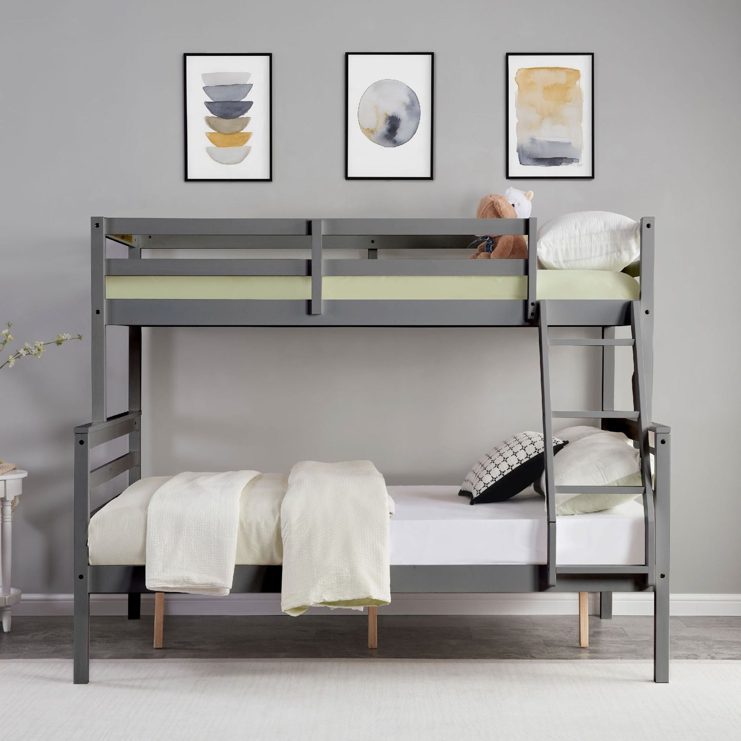Shared Room Solution Twin Over Full Wood Bunk Bed, Gray with Ladder and High Guardrail | Just Better Bunk Beds