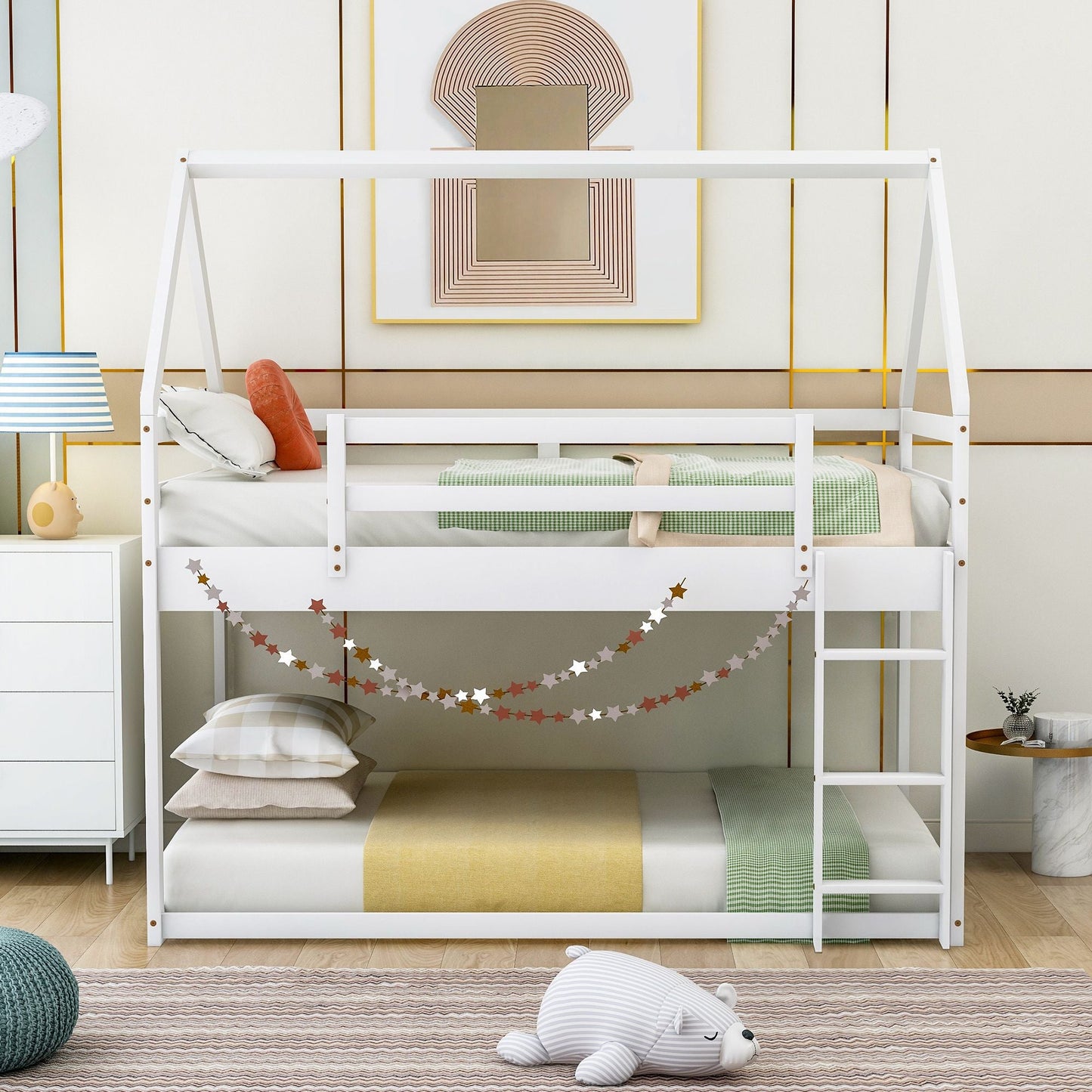 House-Style Low Twin Over Twin Wood Bunk Bed with Ladder, White | Just Better Bunk Beds