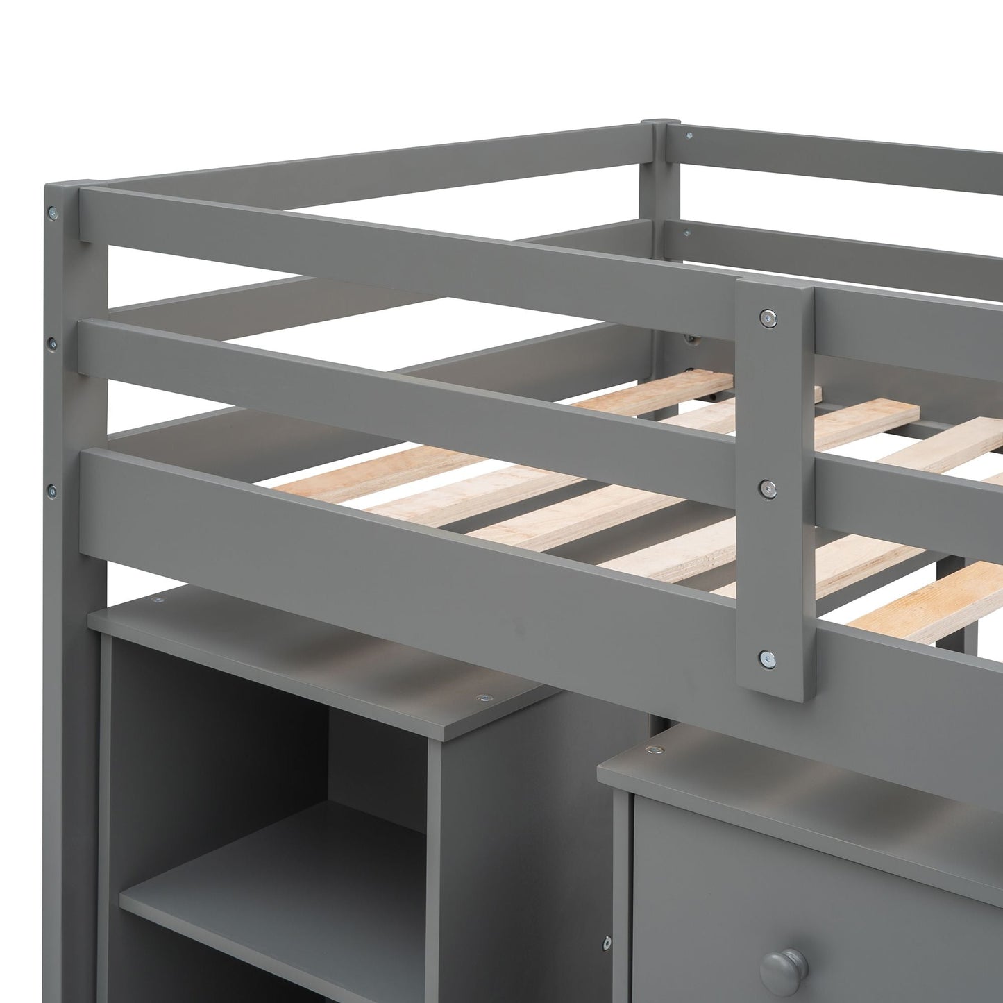 Kids Bedroom Twin Wood Loft Bed with Cabinet and Rolling Desk, White | Just Better Bunk Beds