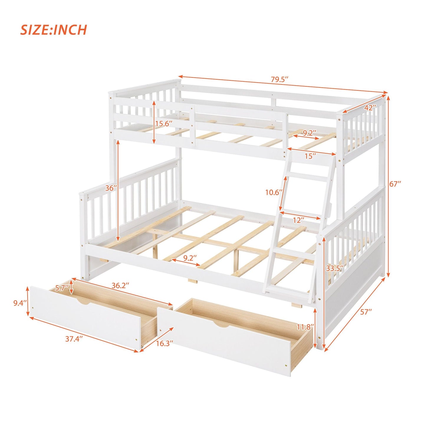 Heavy-Duty Twin Over Full Wood Bunk Bed with Ladders and Two Storage Drawers, White | Just Better Bunk Beds