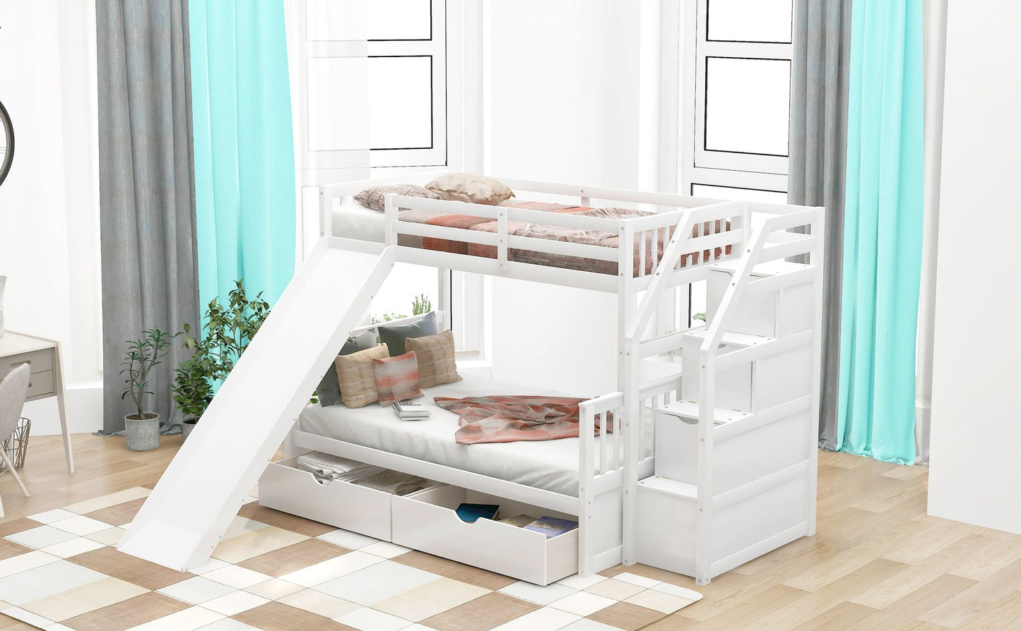 Multifunction Twin Over Full Wood Bunk Bed with Drawers, Storage and Slide, White | Just Better Bunk Beds