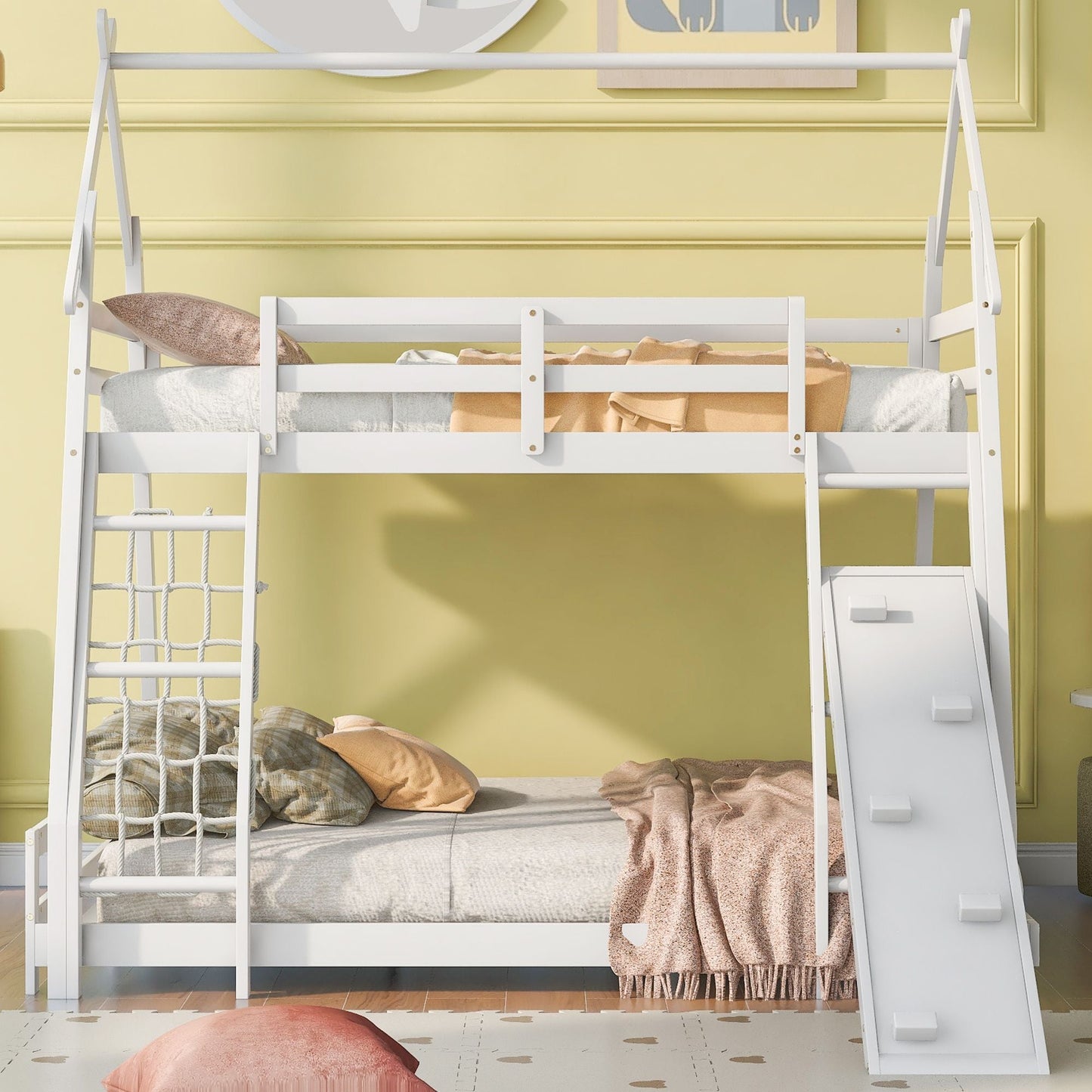 House-Style Twin Over Queen Wood Bunk Bed with Climbing Nets and Ramp, White | Just Better Bunk Beds