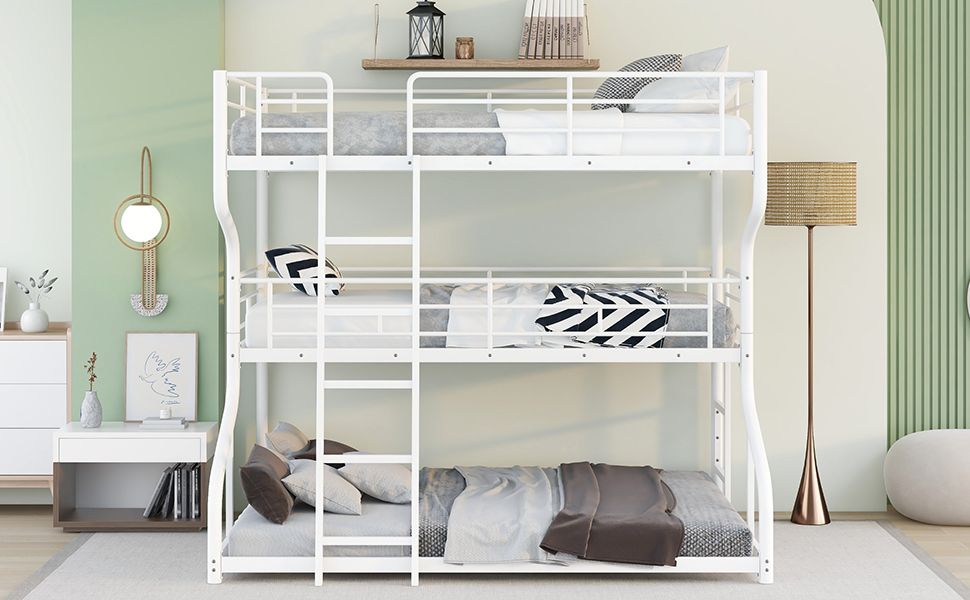 Shared Room Solution Full XL Over Twin XL Over Queen Wood Triple Bunk Bed, White | Just Better Bunk Beds