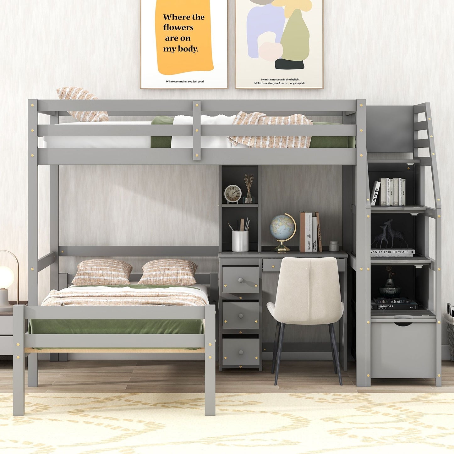 Space-Saving Twin Wood Loft Bed with Stand-Alone Bed, Storage Staircase, Desk, Shelves and Drawers, White | Just Better Bunk Beds