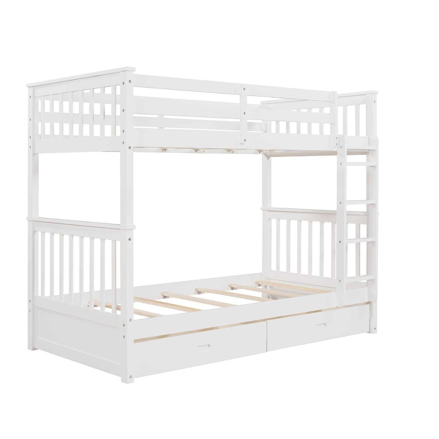 Storage-Enhanced Twin Over Twin Wood Bunk Bed with Ladders, Two Drawers, White | Just Better Bunk Beds