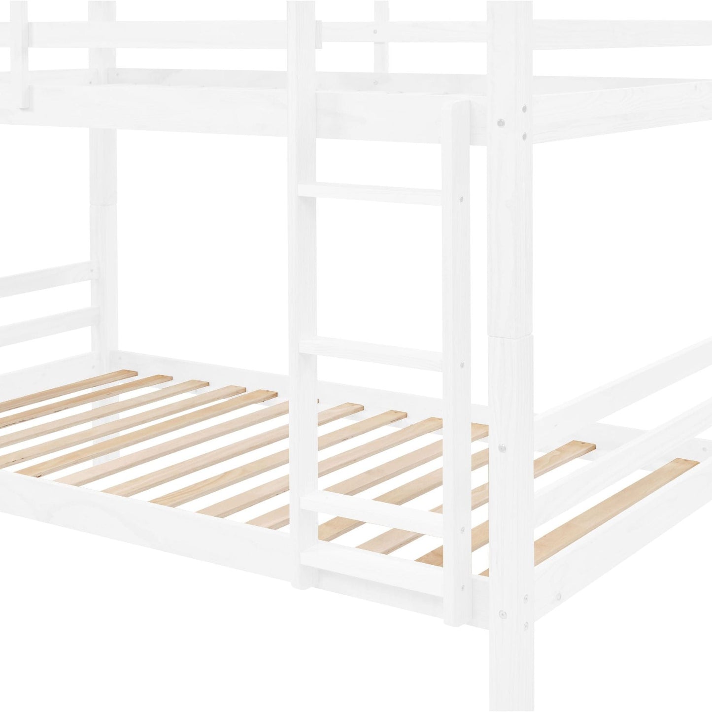 Heavy-Duty Twin Over Twin Wood Bunk Bed, White with Thick Posts, Ladder, and High Guardrail | Just Better Bunk Beds