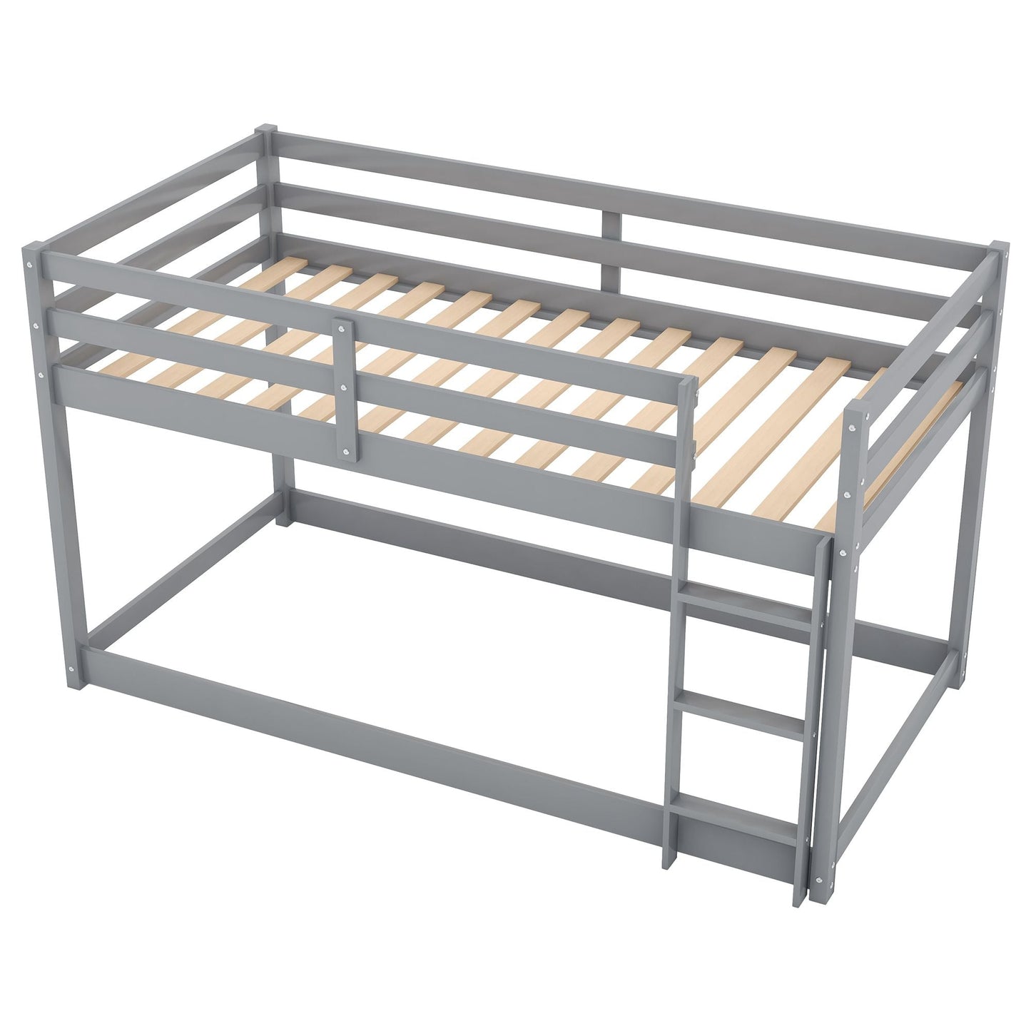 Low Profile Twin Over Twin Wood Floor Bunk Bed, White with Ladder | Just Better Bunk Beds