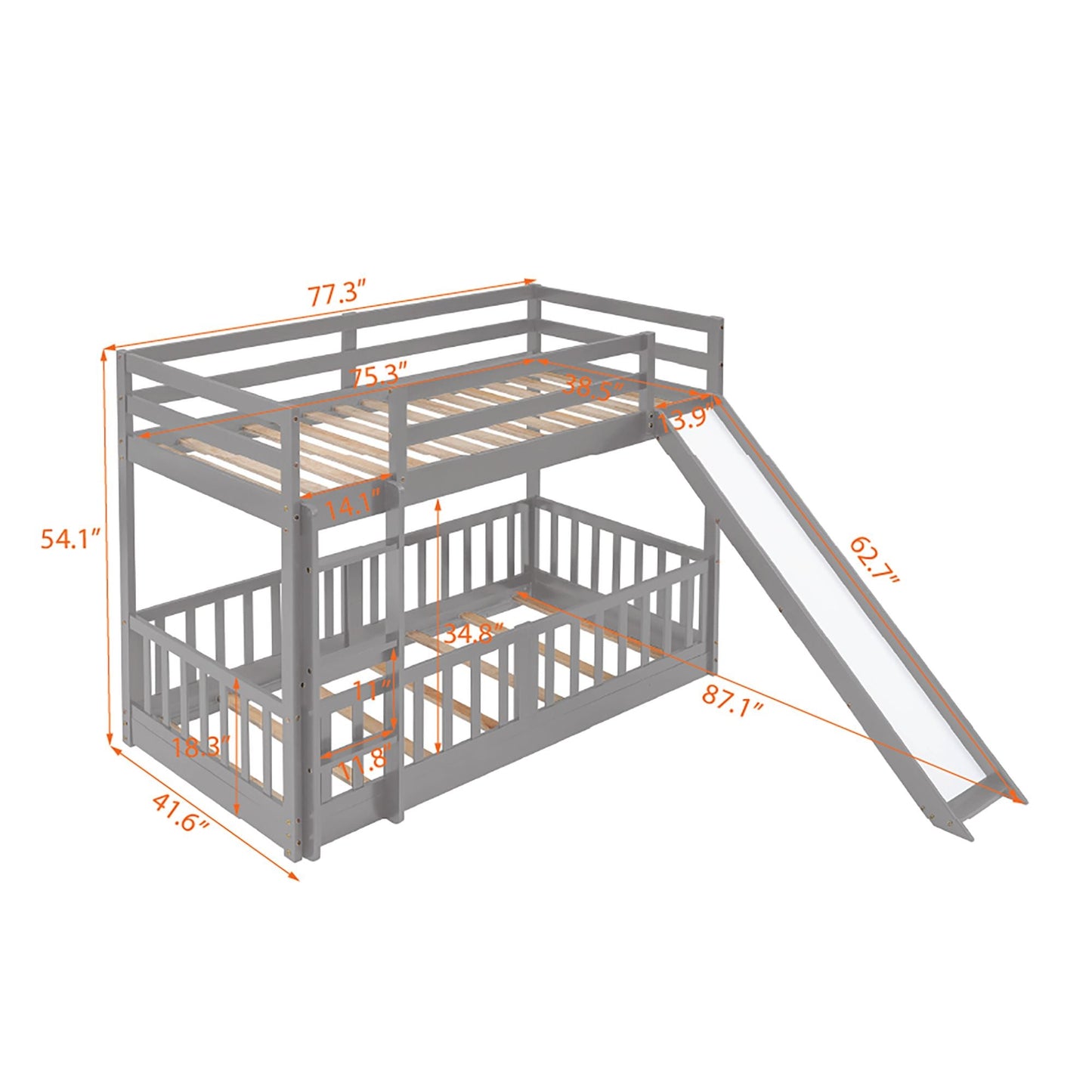 Kids Bedroom Twin Over Twin Wood Bunk Bed with Slide and Ladder, White | Just Better Bunk Beds