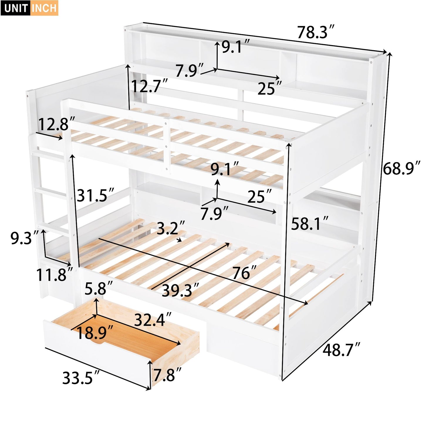 Shared Room Solution Twin Wood Bunk Bed with Built-In Shelves and Storage, White | Just Better Bunk Beds
