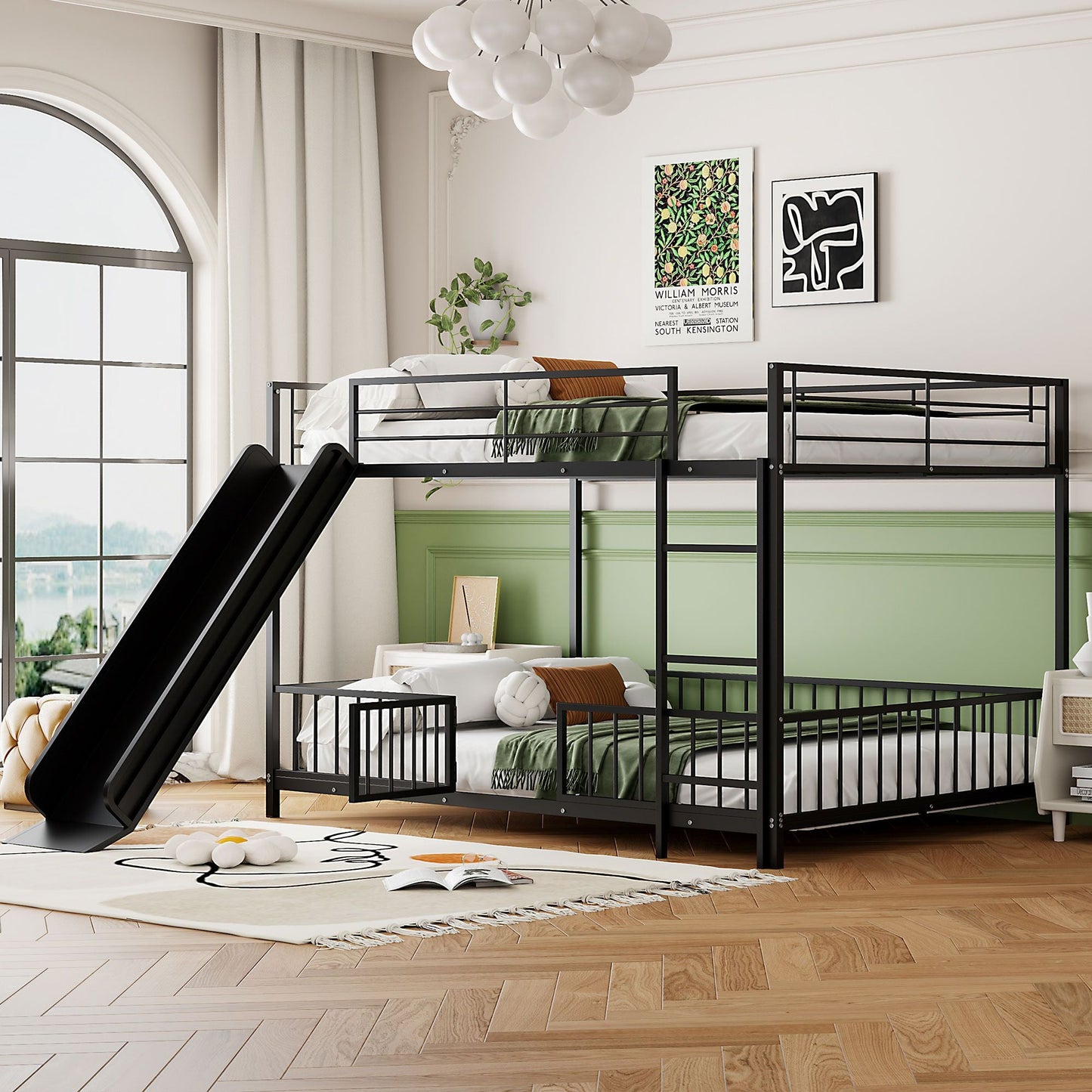 Full over Full Size Metal Bunk Bed with Slide and Guardrails,  Black