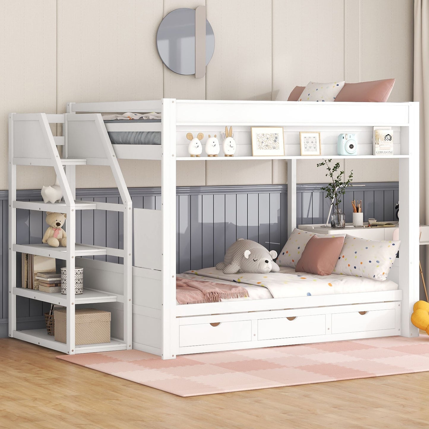 Convertible Full Wood Bunk Bed with Storage Staircase, Bedside Table, 3 Drawers, White | Just Better Bunk Beds