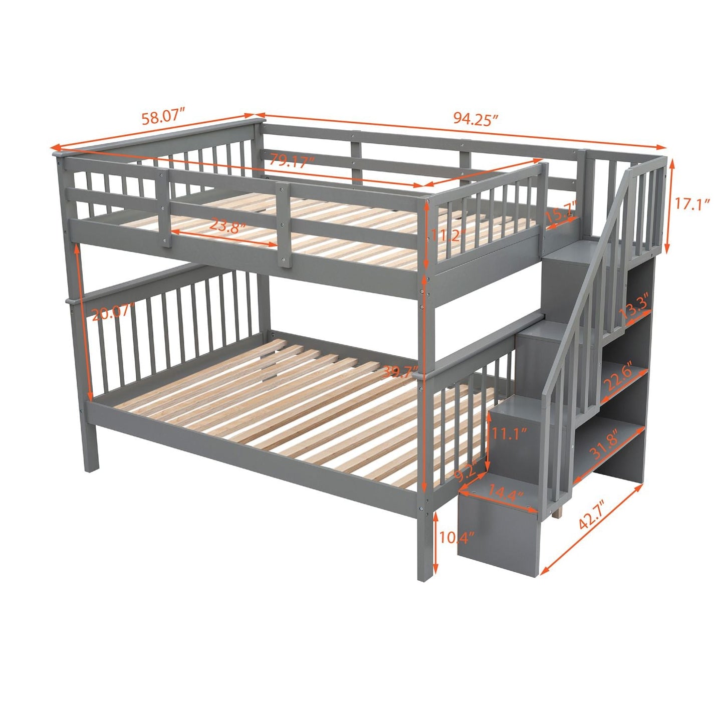 Staircase Storage Full Over Full Wood Bunk Bed, Gray | Just Better Bunk Beds