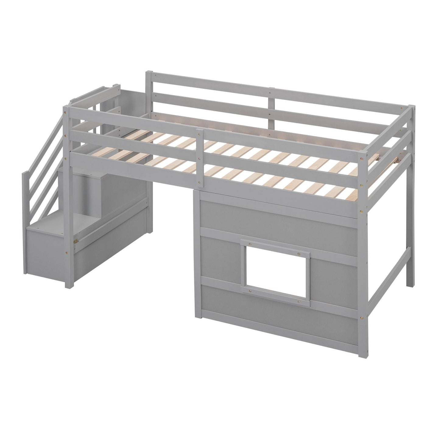 Space-Saving Twin Loft Wood Bed with Storage Staircase and Window, White | Just Better Bunk Beds