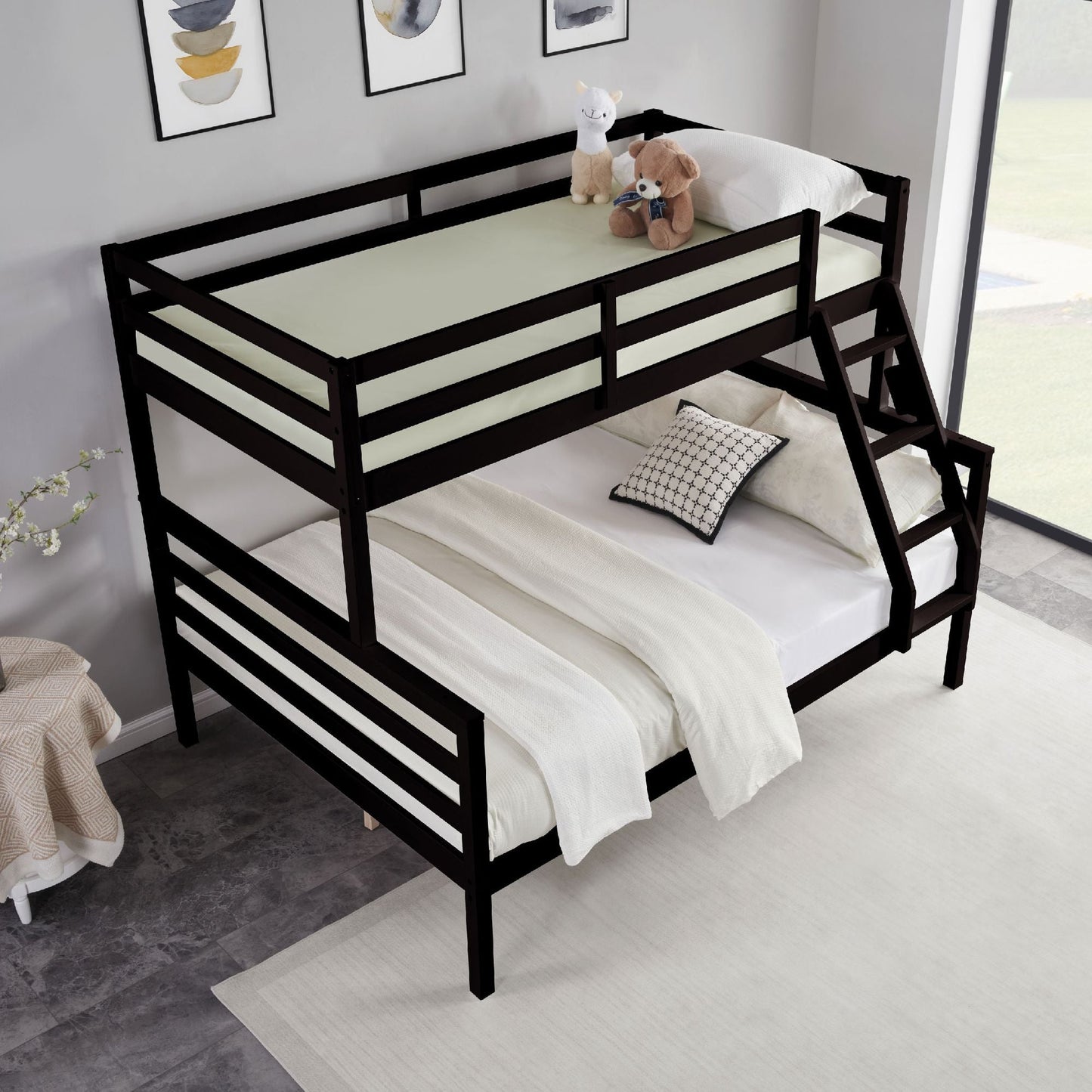 Dorm Room Twin Over Full Wood Bunk Bed with Ladder and Guardrail, Espresso | Just Better Bunk Beds