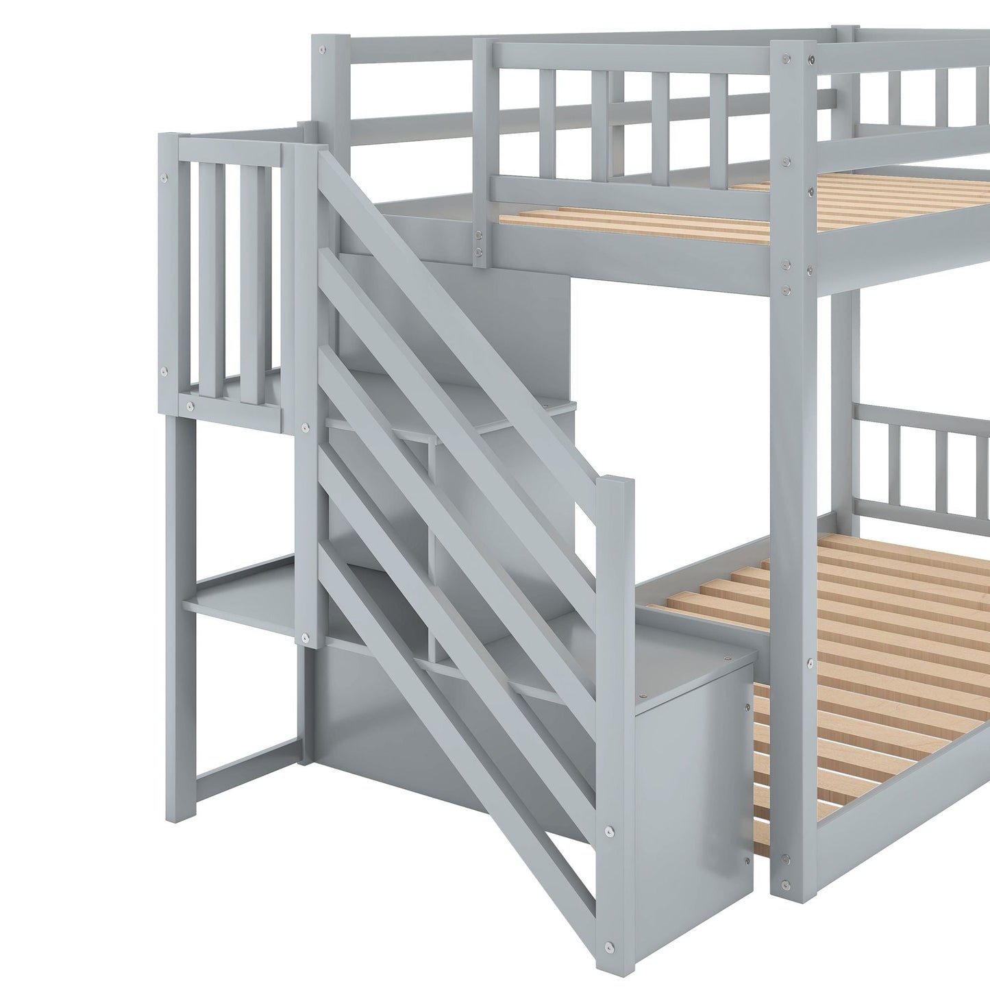 Floor-Level Twin Over Twin Wood Bunk Bed with Ladder and Storage, White | Just Better Bunk Beds