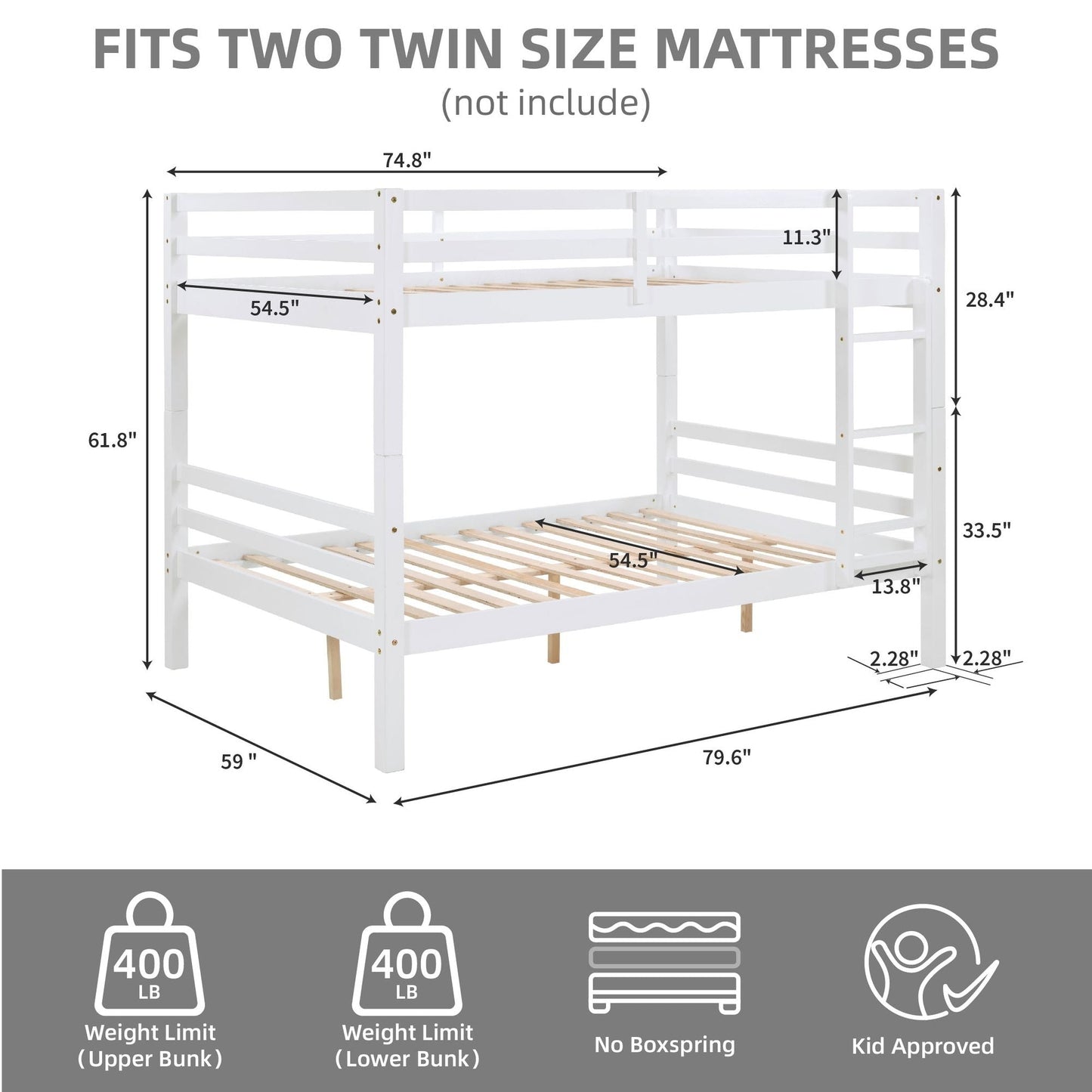 Kids Bedroom Full Over Full Wood Bunk Bed with Thick Posts, High Guardrail, Ladder, White | Just Better Bunk Beds