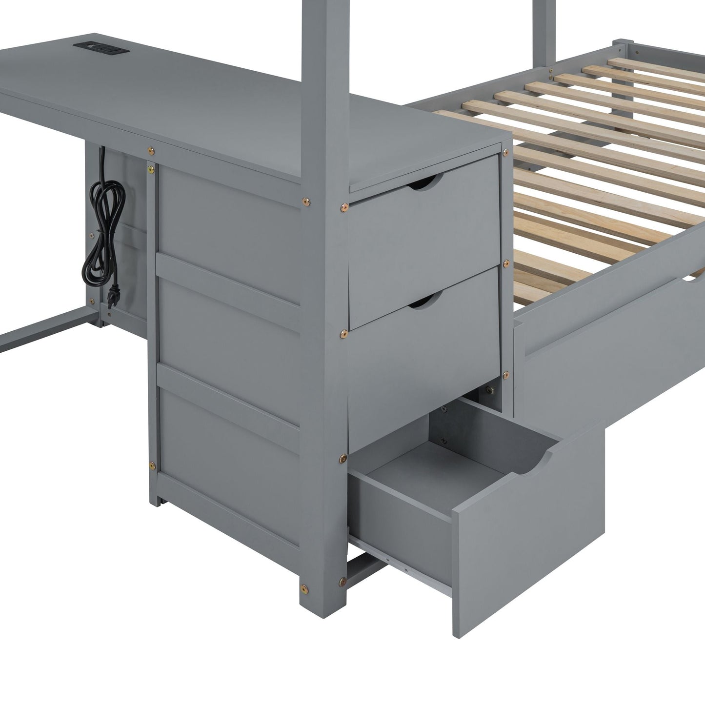 Space-Saving Twin Over Twin Wood Bunk Bed with Twin Trundle, Storage, Desk, Gray | Just Better Bunk Beds
