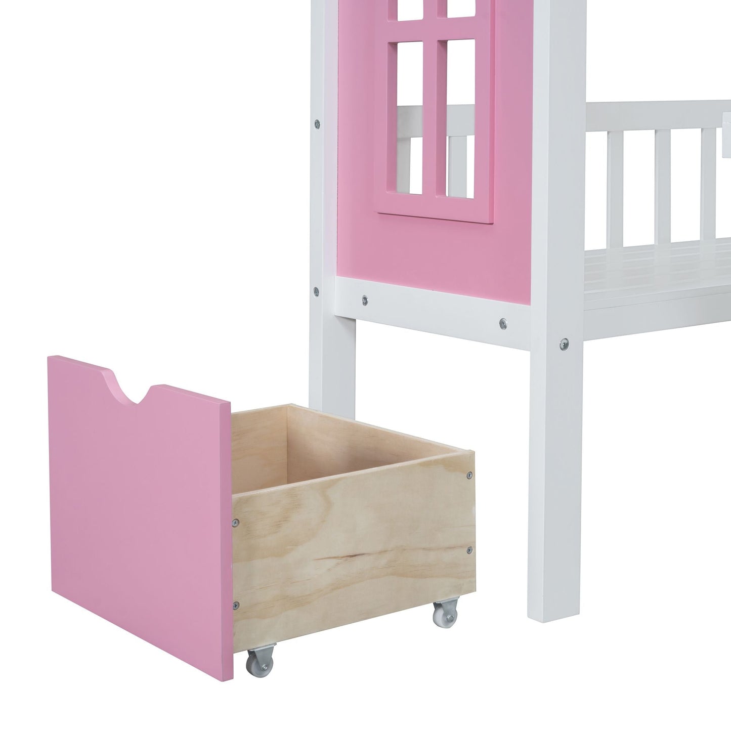 Space-Saving Twin Over Twin Wood Bunk Bed with Changeable Table, Upper Bed and Down Desk, Pink | Just Better Bunk Beds