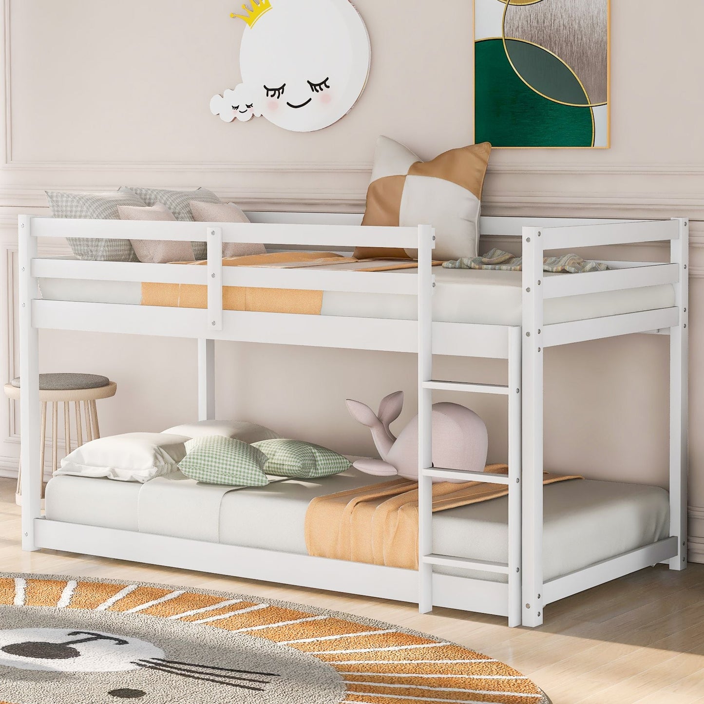 Kids Bedroom Twin Over Twin Wood Floor Bunk Bed with Ladder, White | Just Better Bunk Beds