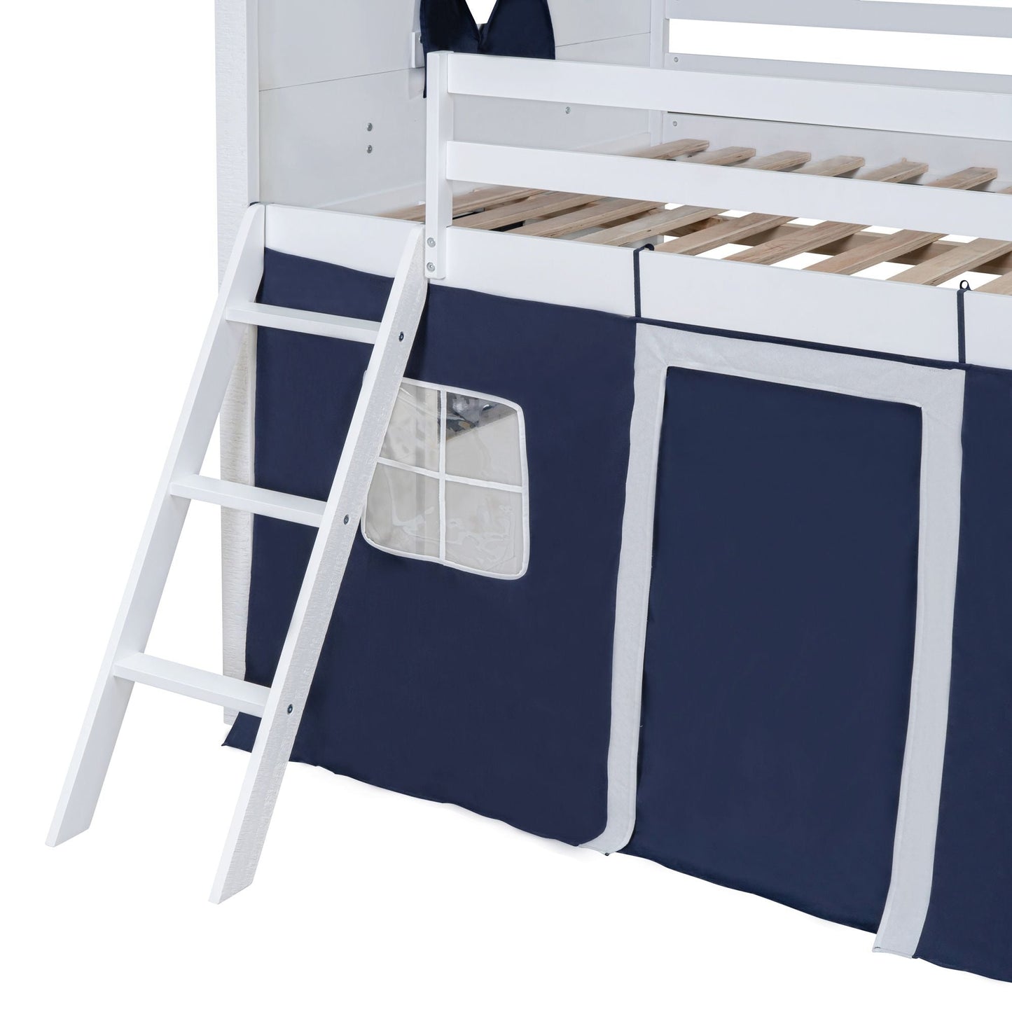 Kids Bedroom Full Wood House-Style Bunk Bed with Windows and Tent, Blue White | Just Better Bunk Beds