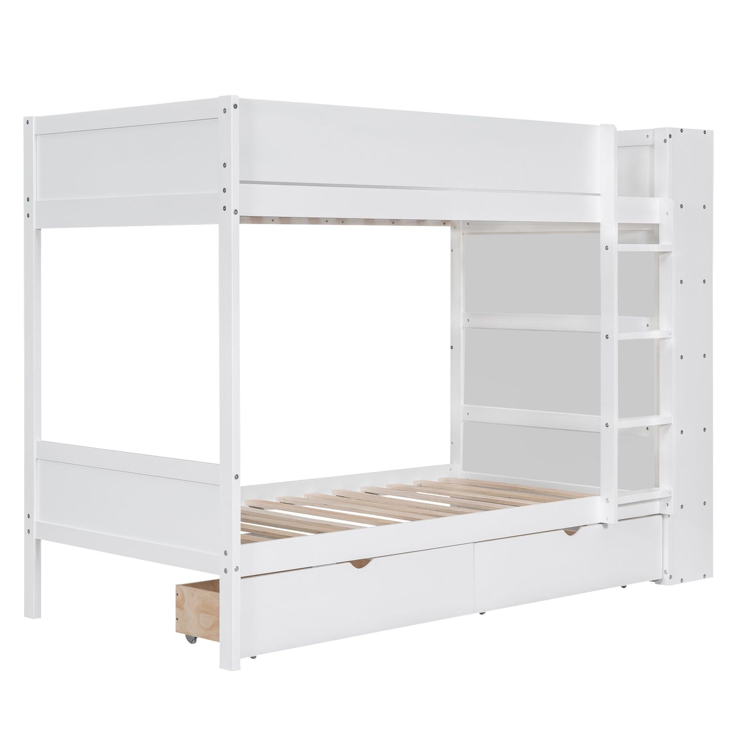 Storage Twin Over Twin Wood Bunk Bed with 2 Drawers and Multi-Layer Cabinet, White | Just Better Bunk Beds