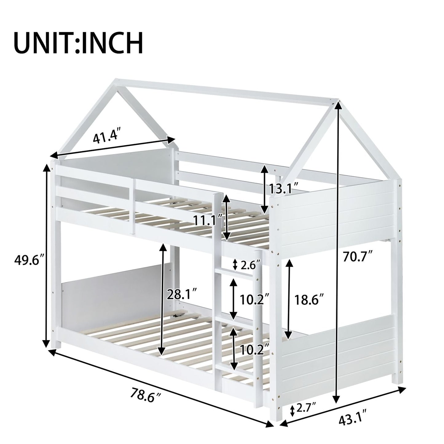 Twin Over Twin House Floor Bunk Bed with Headboards,  Footboards and Guardrails,  Ladder,  Rubber Wood Bunk Bed with Safety Guardrails, White
