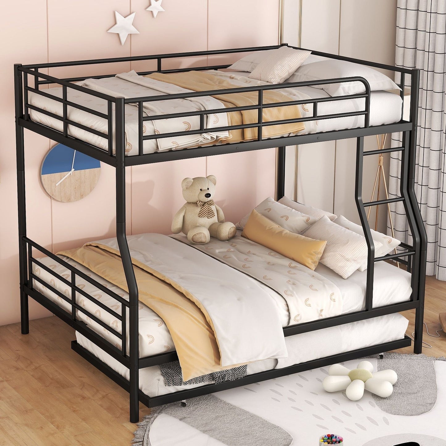 Space-Saving Full XL Over Queen Metal Bunk Bed with Trundle, Black | Just Better Bunk Beds