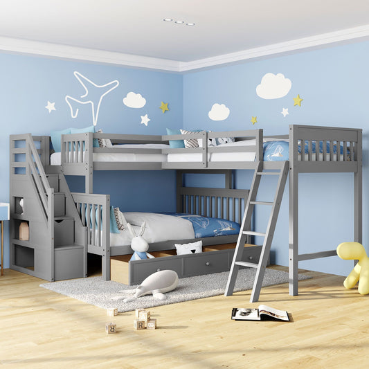 L-Shaped Twin Over Full Wood Bunk Bed with Drawers, Ladder and Staircase, Gray | Just Better Bunk Beds