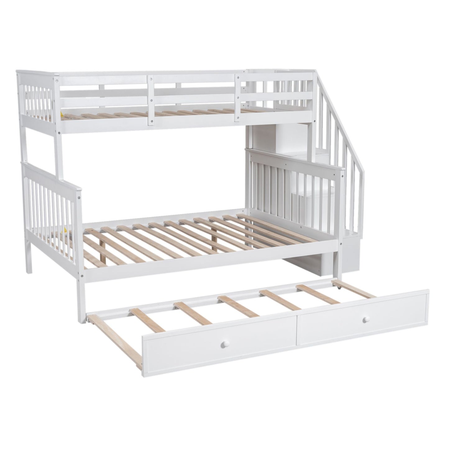 Staircase Storage Twin Over Full Wood Bunk Bed with Trundle, Storage, and Guard Rail, White | Just Better Bunk Beds