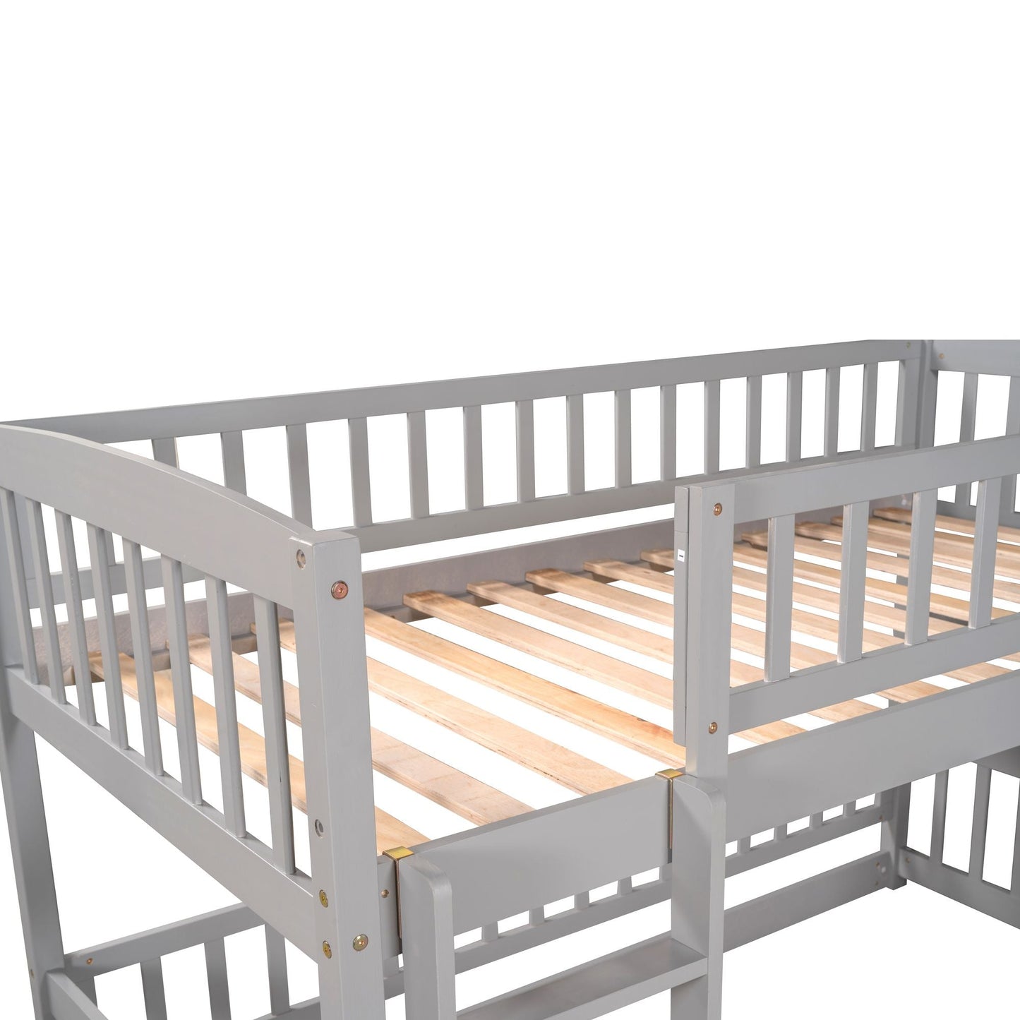 Kids Bedroom Twin Over Twin Wood Low Bunk Bed with Slide, Fence and Ladder, White | Just Better Bunk Beds
