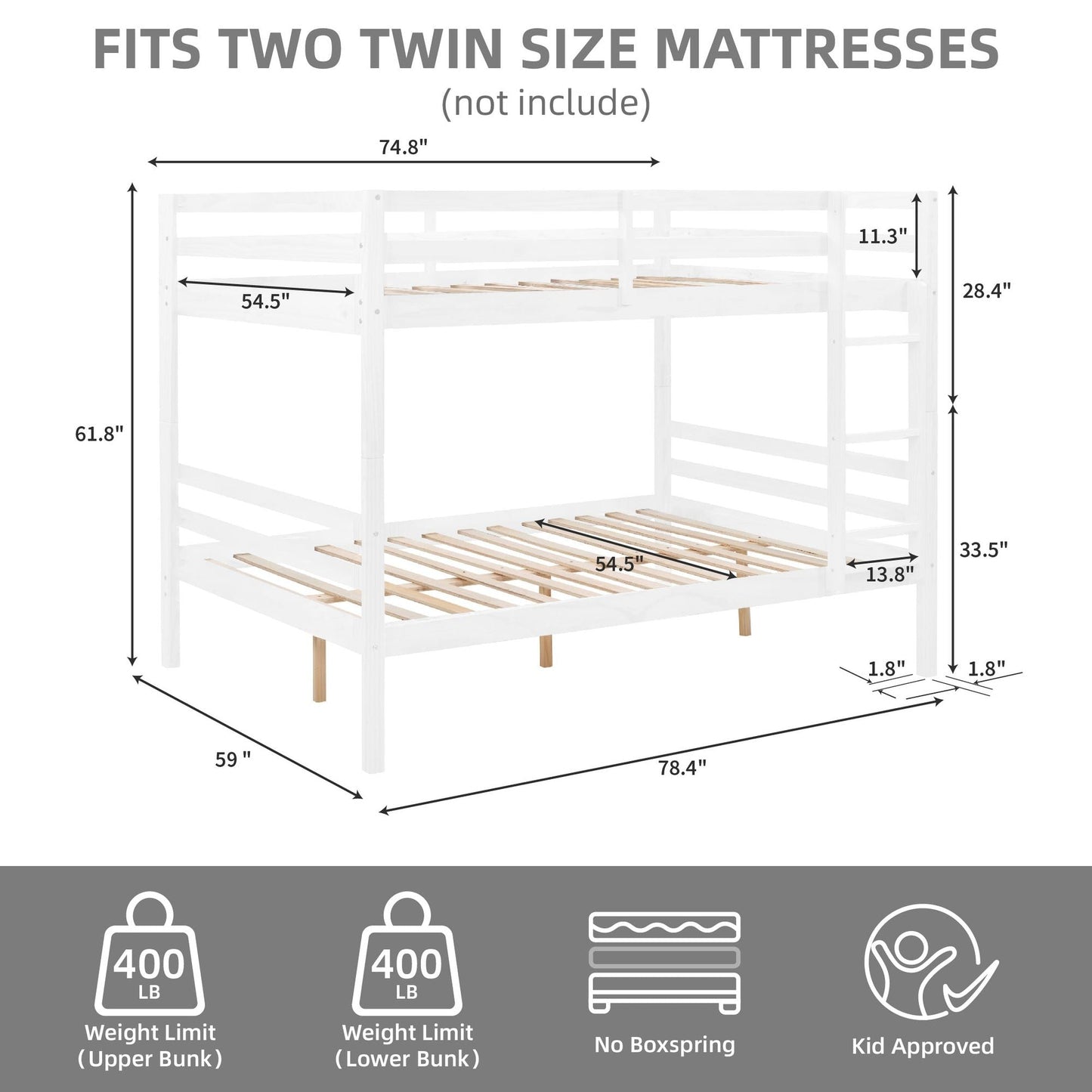 Dorm Room Full Over Full Wood Bunk Bed with Ladder and Guardrail, White | Just Better Bunk Beds