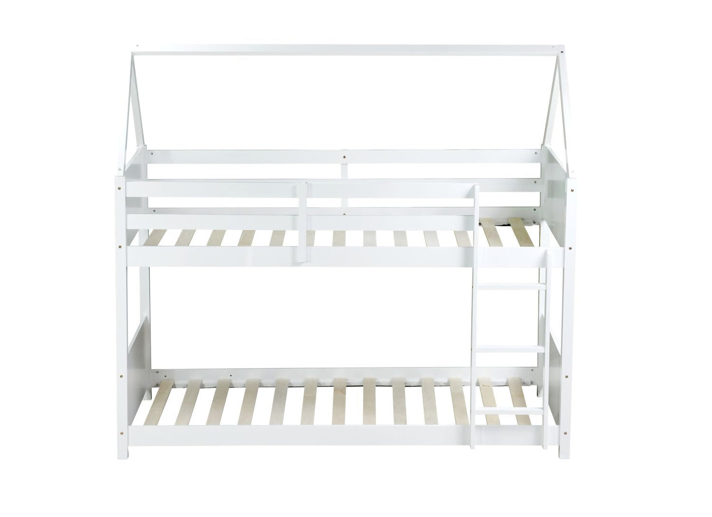 Twin Over Twin House Floor Bunk Bed with Headboards,  Footboards and Guardrails,  Ladder,  Rubber Wood Bunk Bed with Safety Guardrails, White