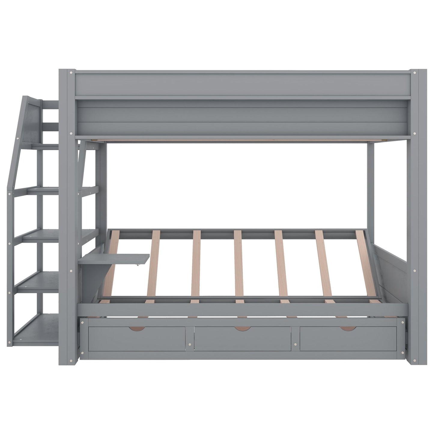 Convertible Full Wood Bunk Bed with Storage Staircase, Bedside Table, 3 Drawers, White | Just Better Bunk Beds