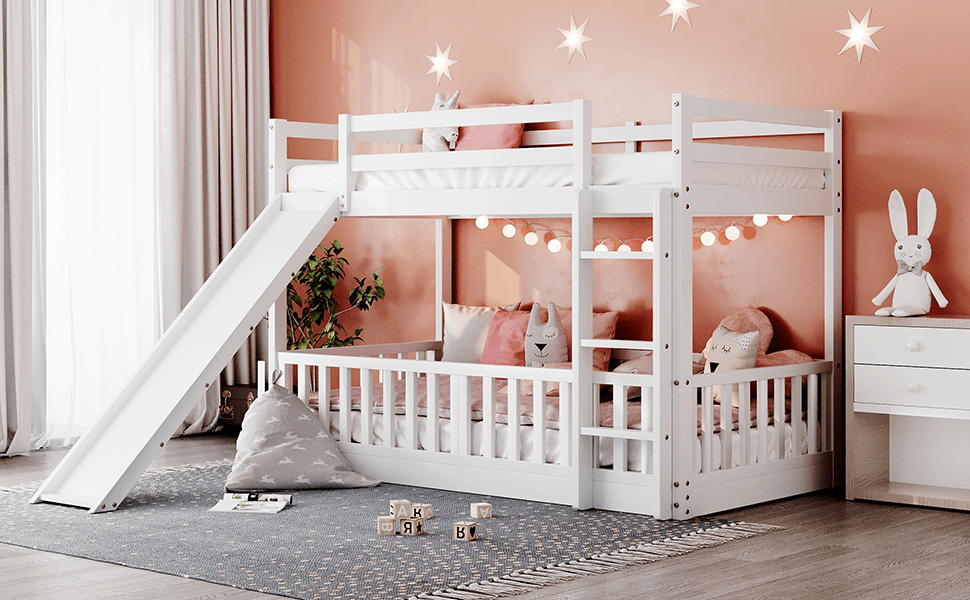 Kids Bedroom Twin Over Twin Wood Bunk Bed with Slide and Ladder, White | Just Better Bunk Beds
