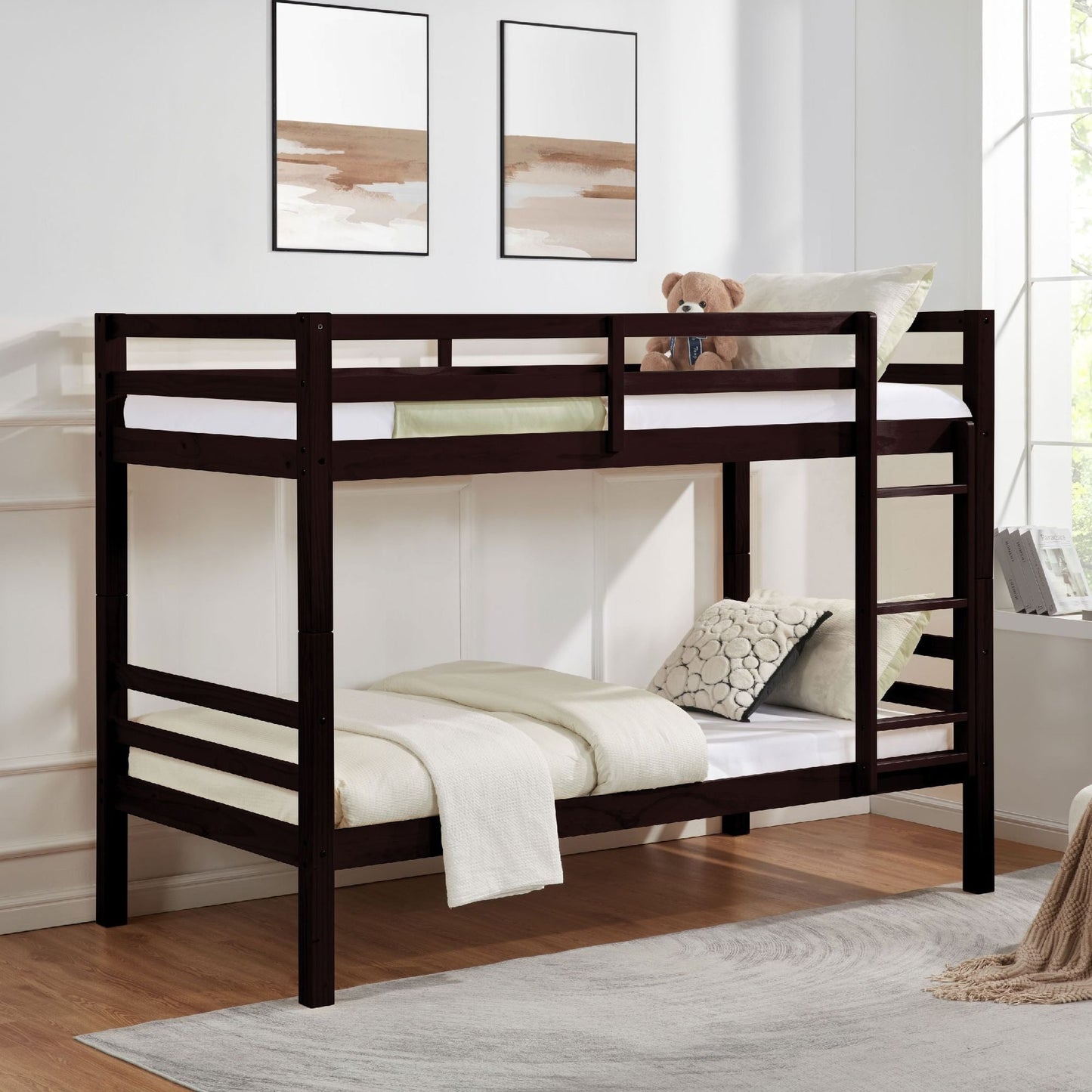 Heavy-Duty Twin Over Twin Wood Bunk Bed, Espresso with Thick Posts, Ladder, and High Guardrail | Just Better Bunk Beds