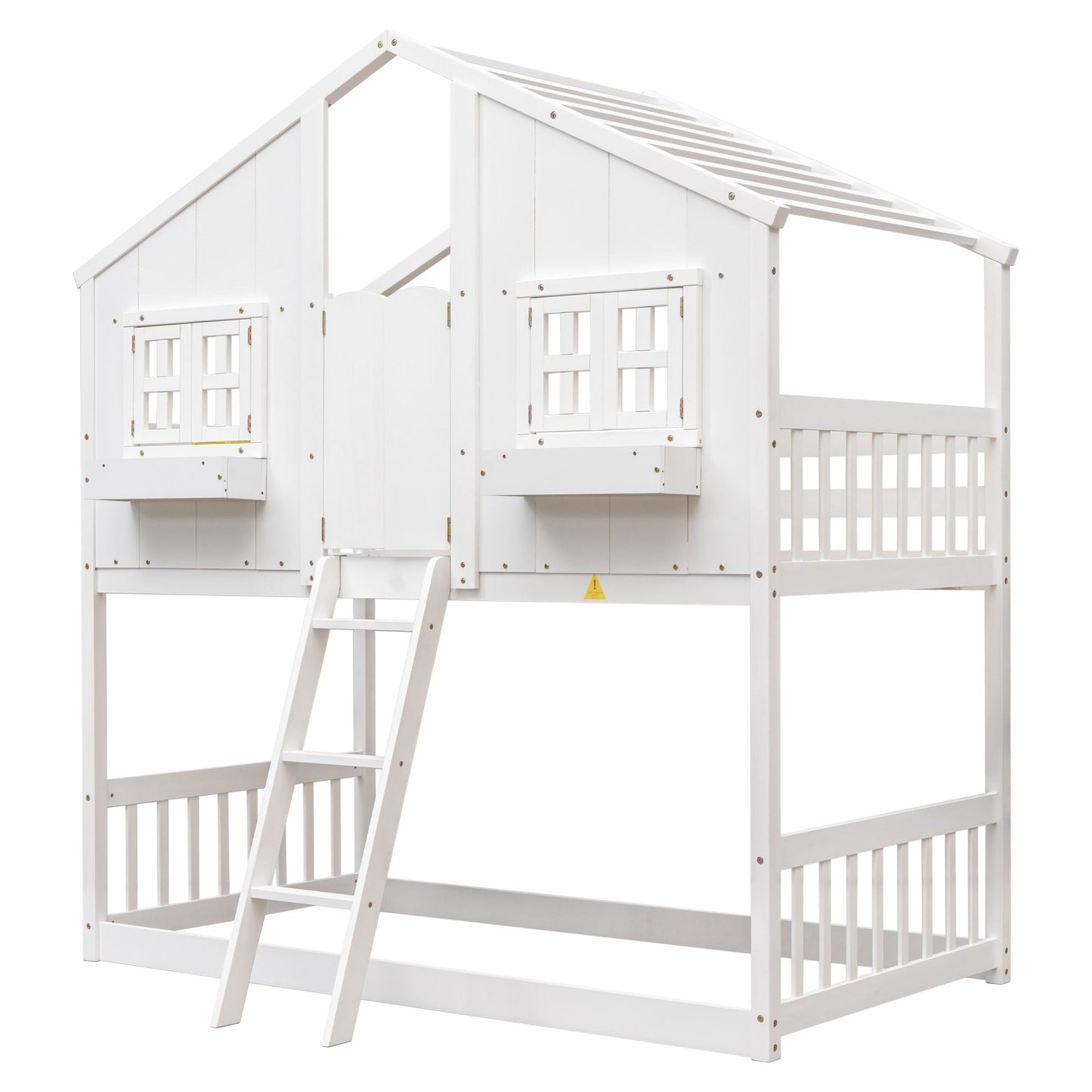 House-Style Twin Over Twin Wood Bunk Bed with Roof, Window, Door, and Ladder, Multiple Colors | Just Better Bunk Beds