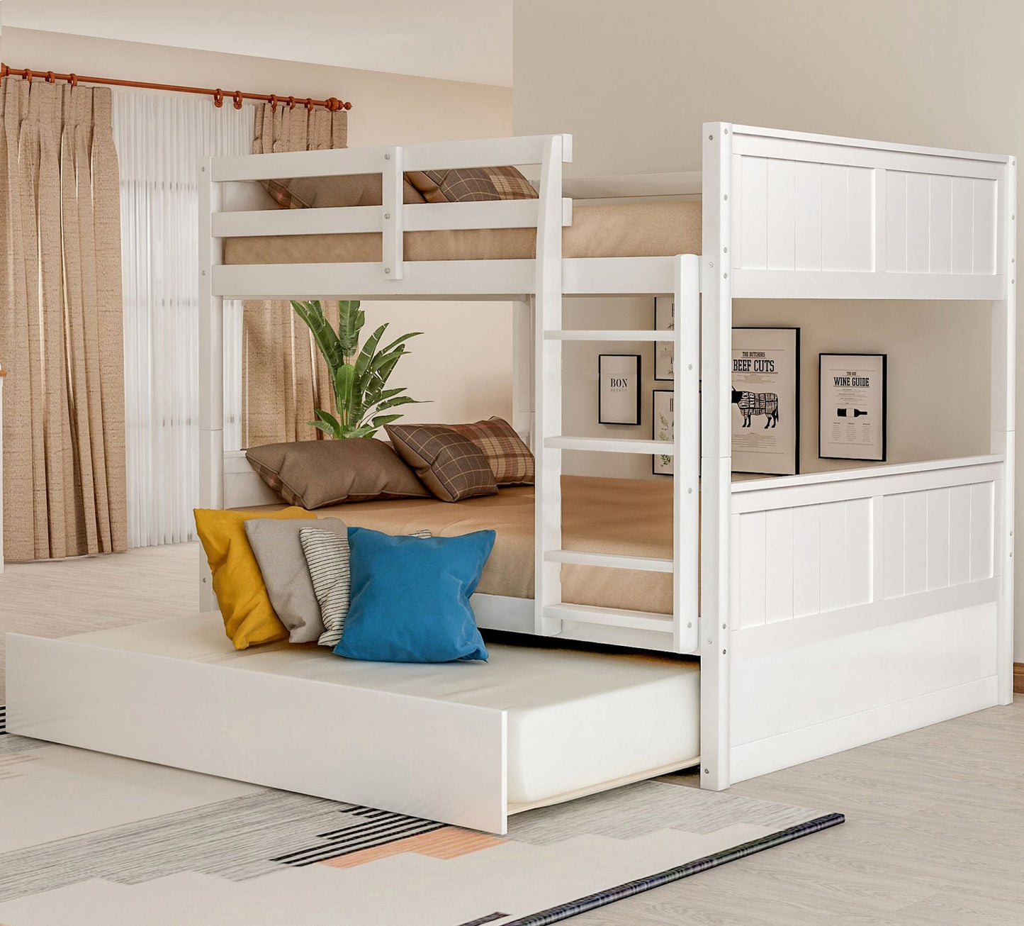 Shared Room Solution Full Over Full Wood Bunk Bed with Twin Trundle, White | Just Better Bunk Beds