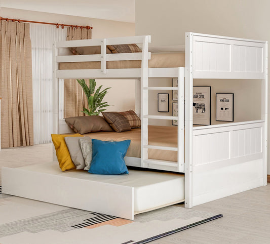 Shared Room Solution Full Over Full Wood Bunk Bed with Twin Trundle, White | Just Better Bunk Beds
